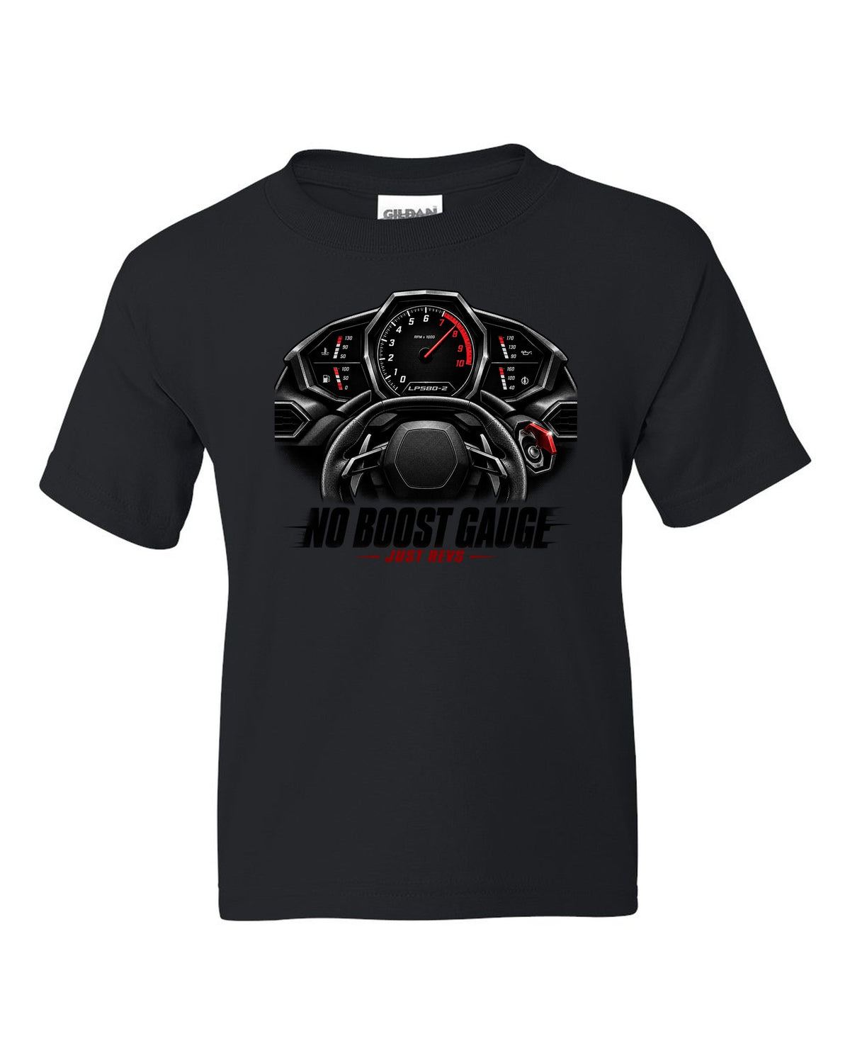 Cockpit gauge print of a Lamborghini Huracan LP580-2 with No Boost Gauge, Just Revs text black kids tee front view with the design