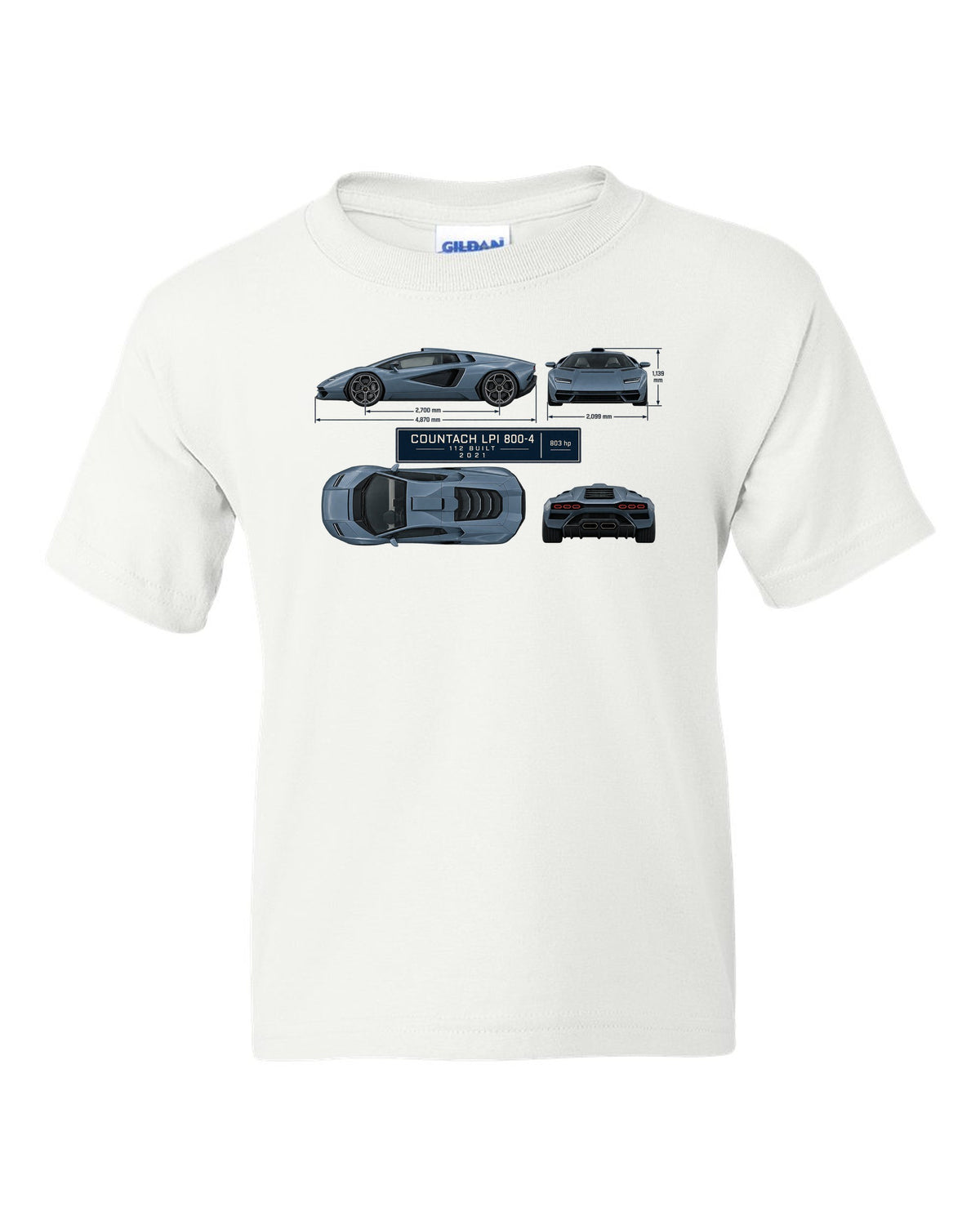 Lamborghini Countach LPI 800-4 dimension blueprint print with 112 built 2021 lettering white kids tee front view with the design