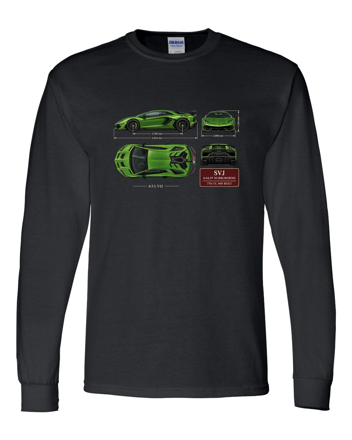 Dimension blueprint print of the Lamborghini Aventador SVJ with Nurburgring lap time black long sleeve front view with the design