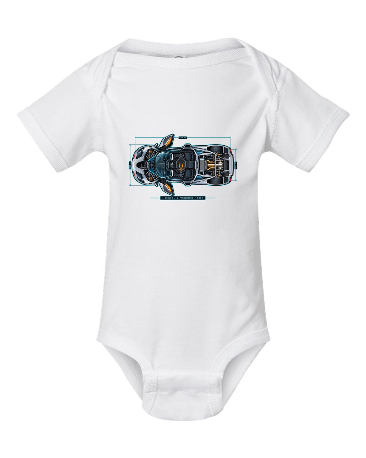 Technical blueprint print of the McLaren F1 with 1 Driver 2 Passengers 1992 lettering white baby onesie front view with the design