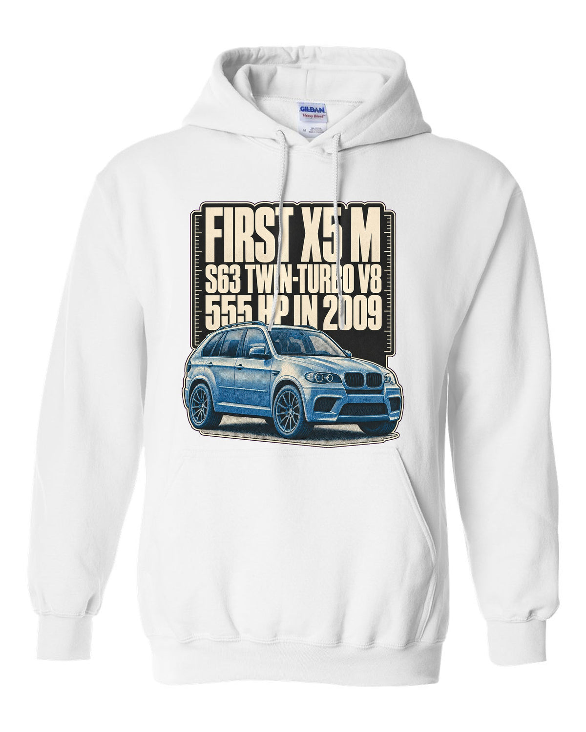 BMW X5 M E70 halftone print on a tee white pull over hoodie front view with the design
