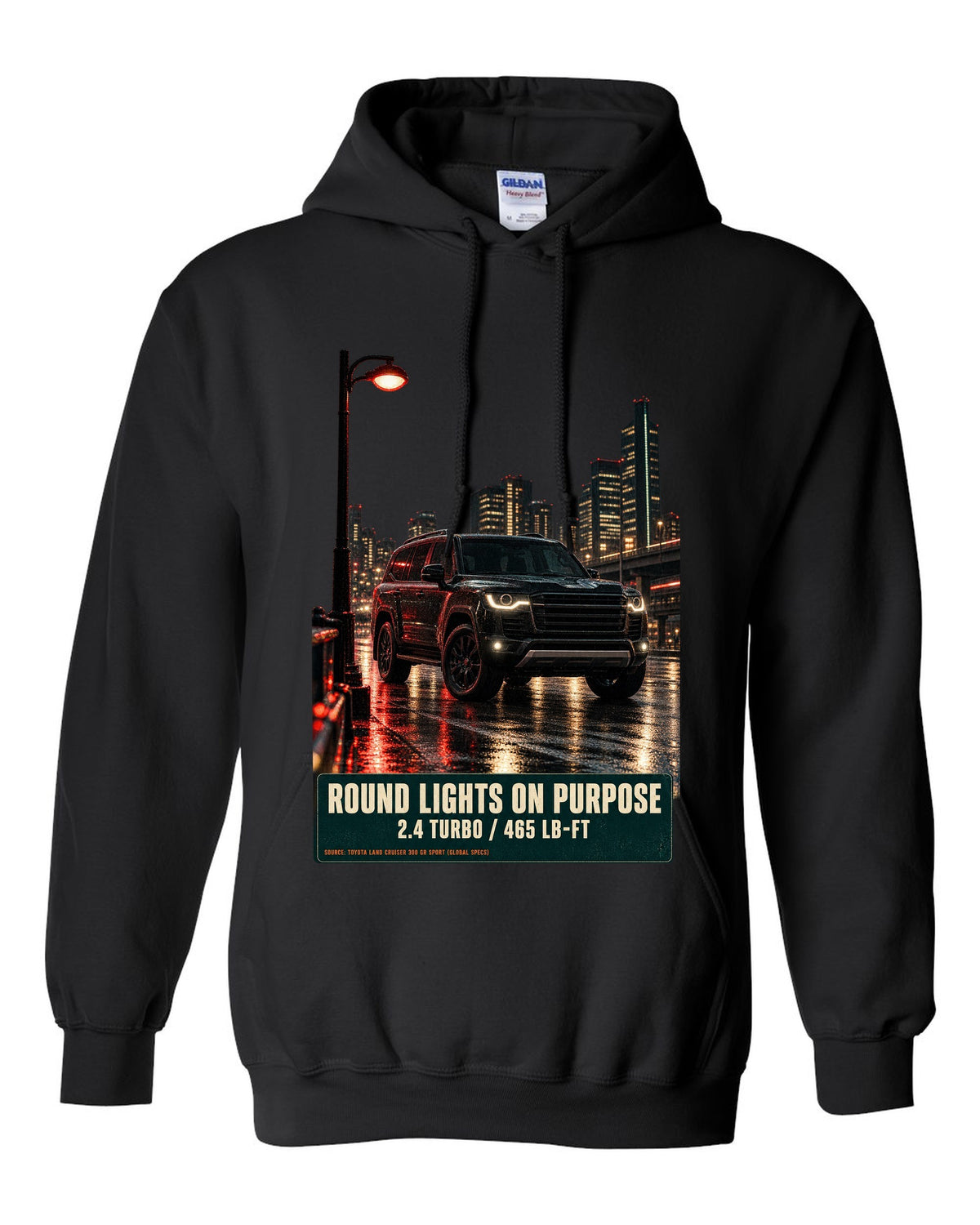 Toyota Land Cruiser 250 First Edition on a mountain pass at night black pull over hoodie front view with the design