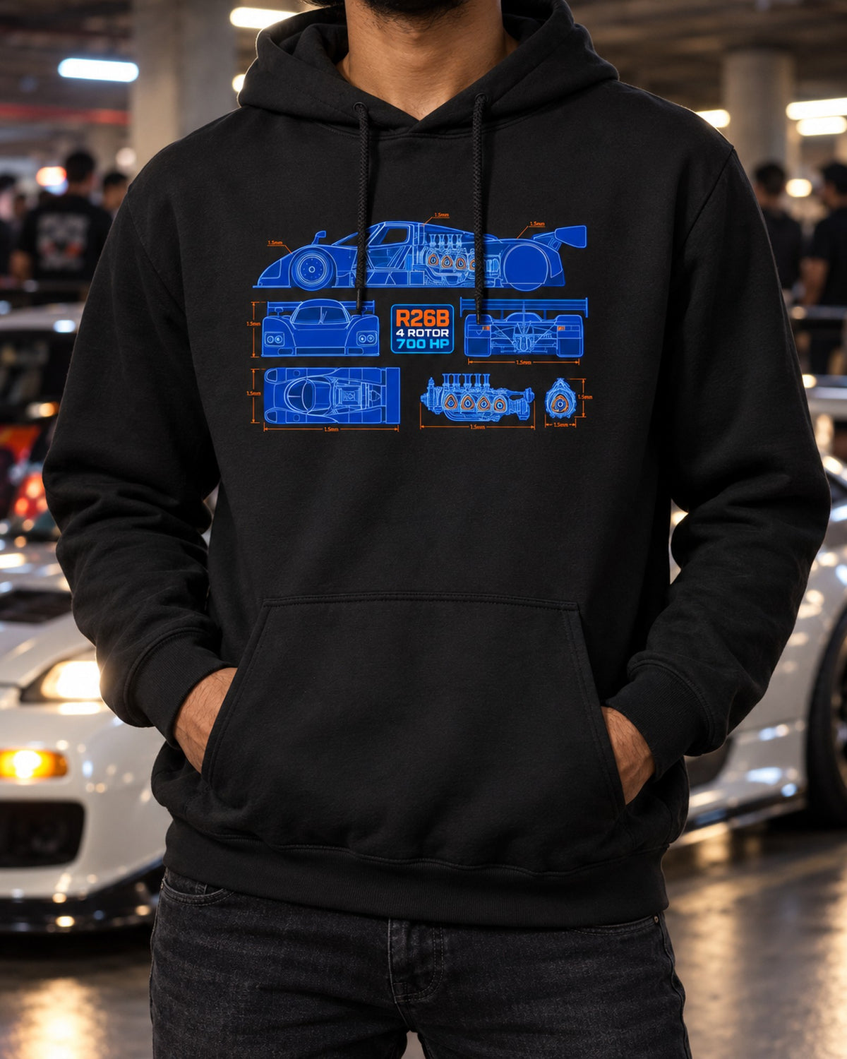 Mazda 787B R26B Engine Cutaway Blueprint Shirt, 4 Rotor Pull Over Hoodie Black worn hero