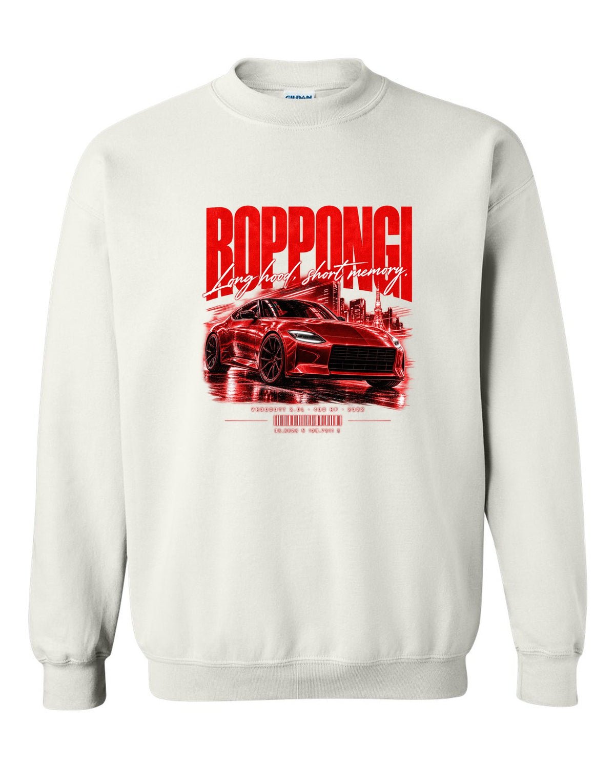 Street poster print of a Nissan Z RZ34 with Roppongi coordinates and VR30DDTT text white crewneck front view with the design