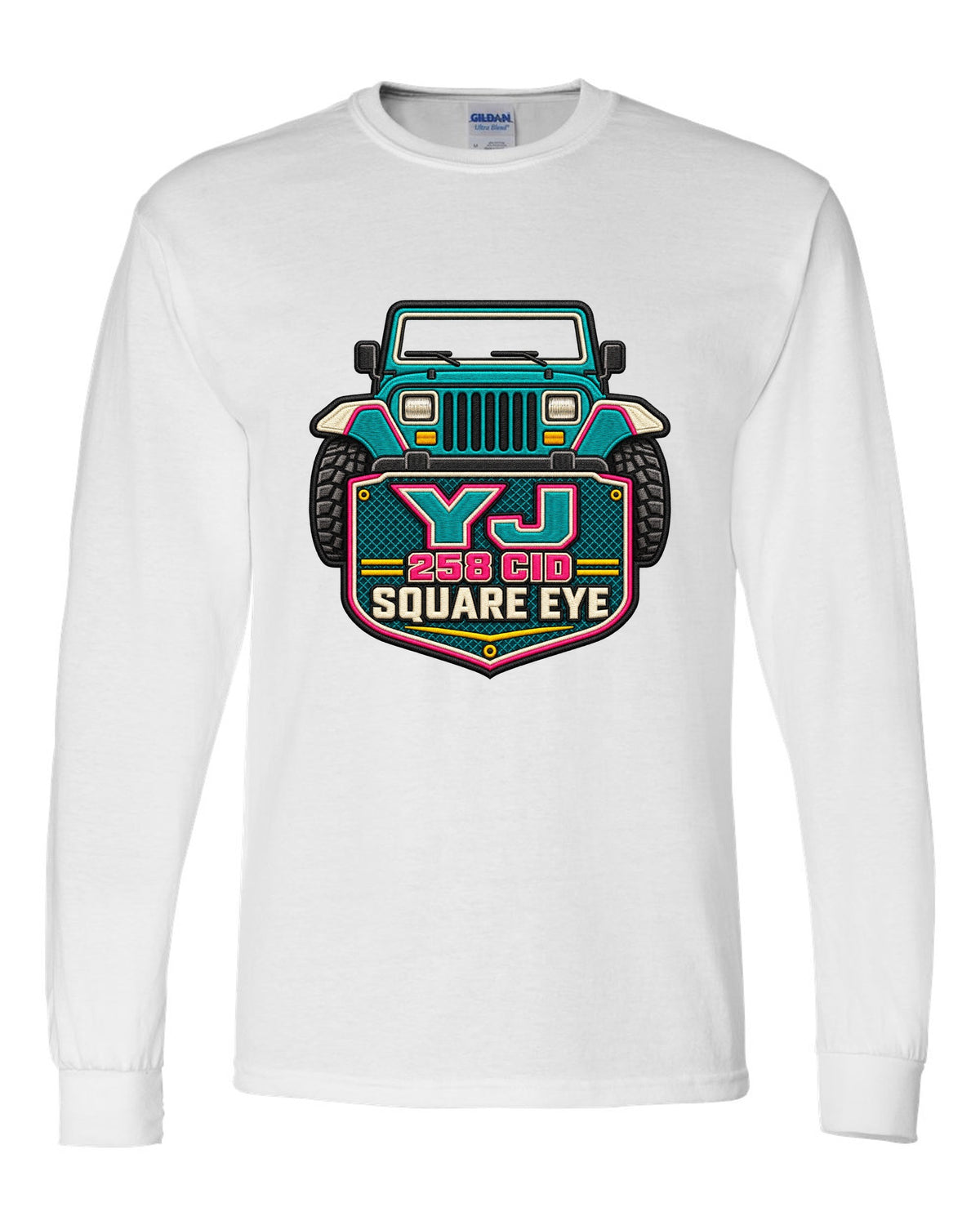 Embroidery-style varsity crest print of a Jeep Wrangler YJ with square eye text white long sleeve front view with the design
