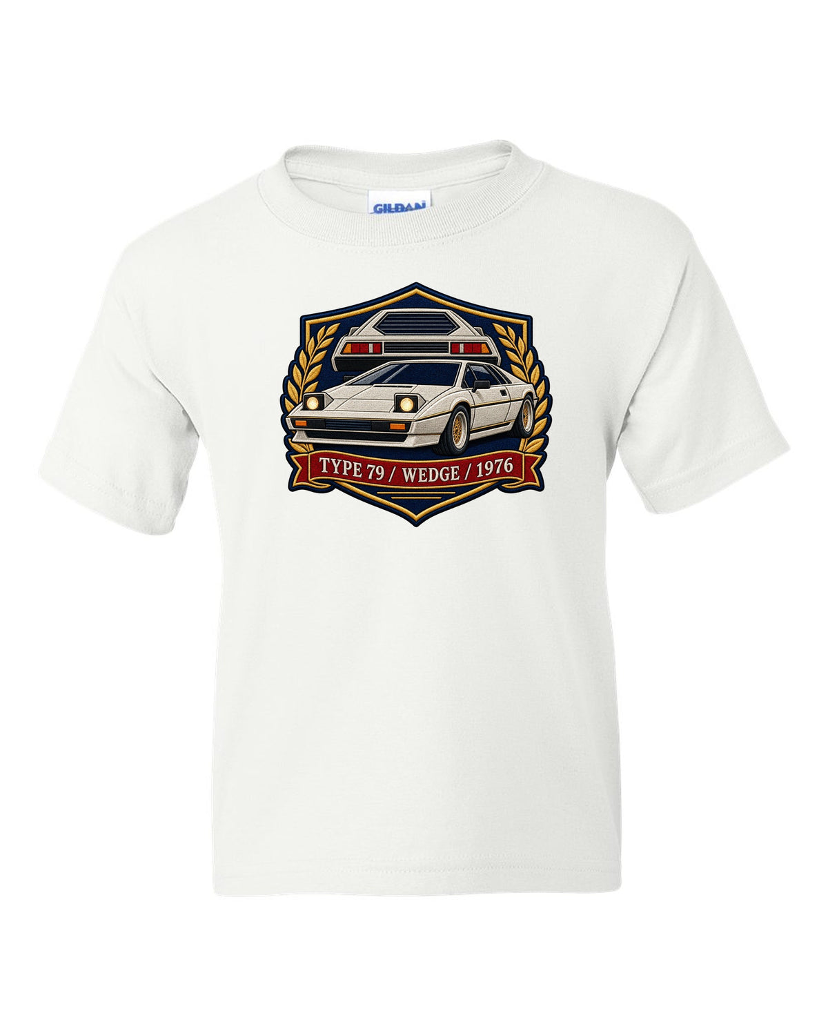 Lotus Esprit Type 79 varsity crest with TYPE 79 WEDGE 1976 lettering white kids tee front view with the design