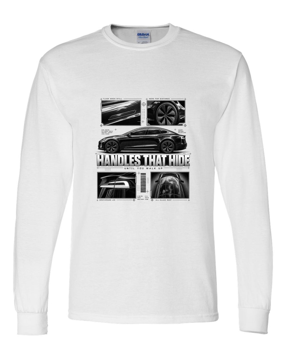 Tesla Model S Raven Side Profile Dossier white long sleeve front view with the design