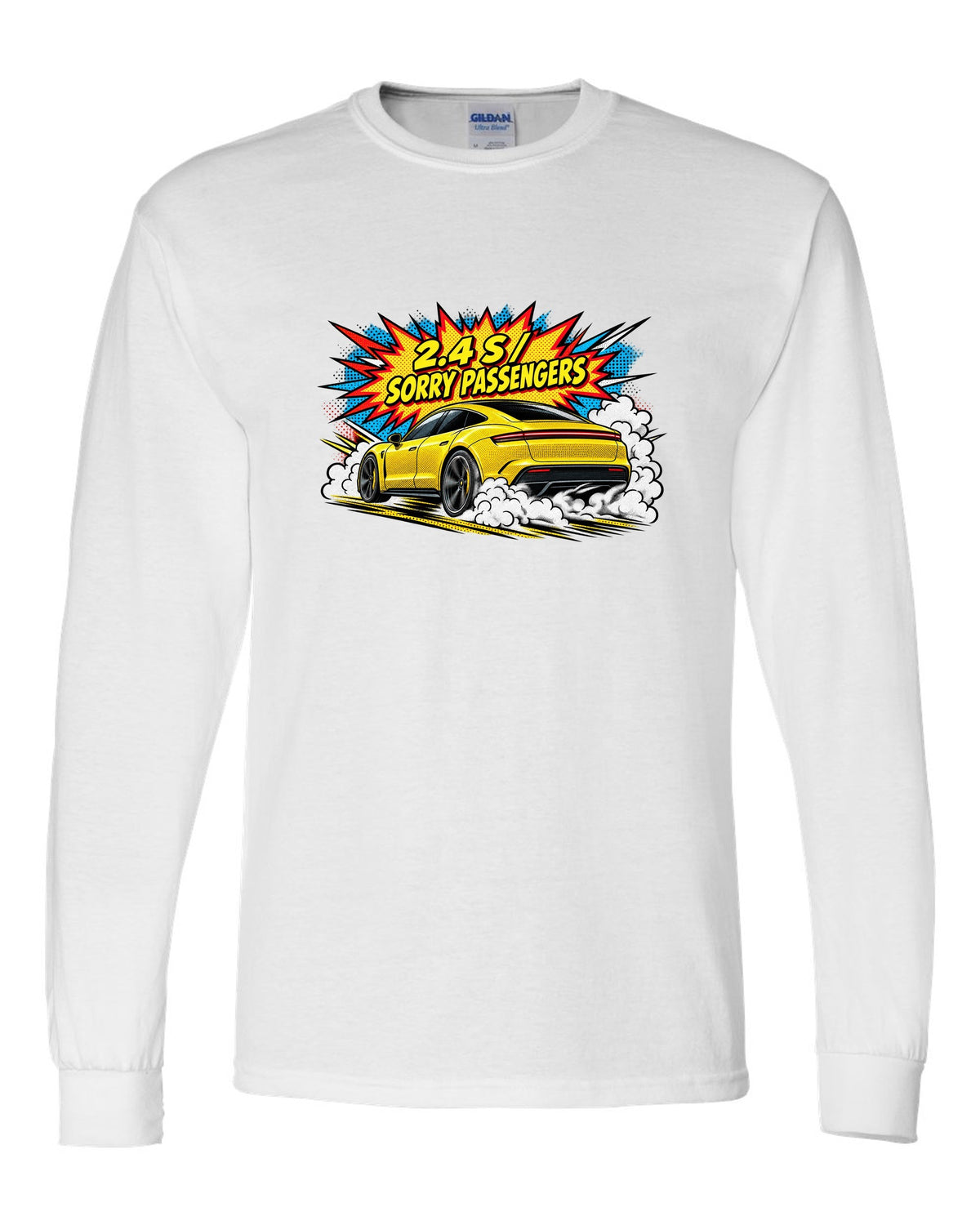 Porsche Taycan Turbo S 9J1 comic halftone pop-art launch print with the text 2.4 s sorry passengers white long sleeve front view with the design