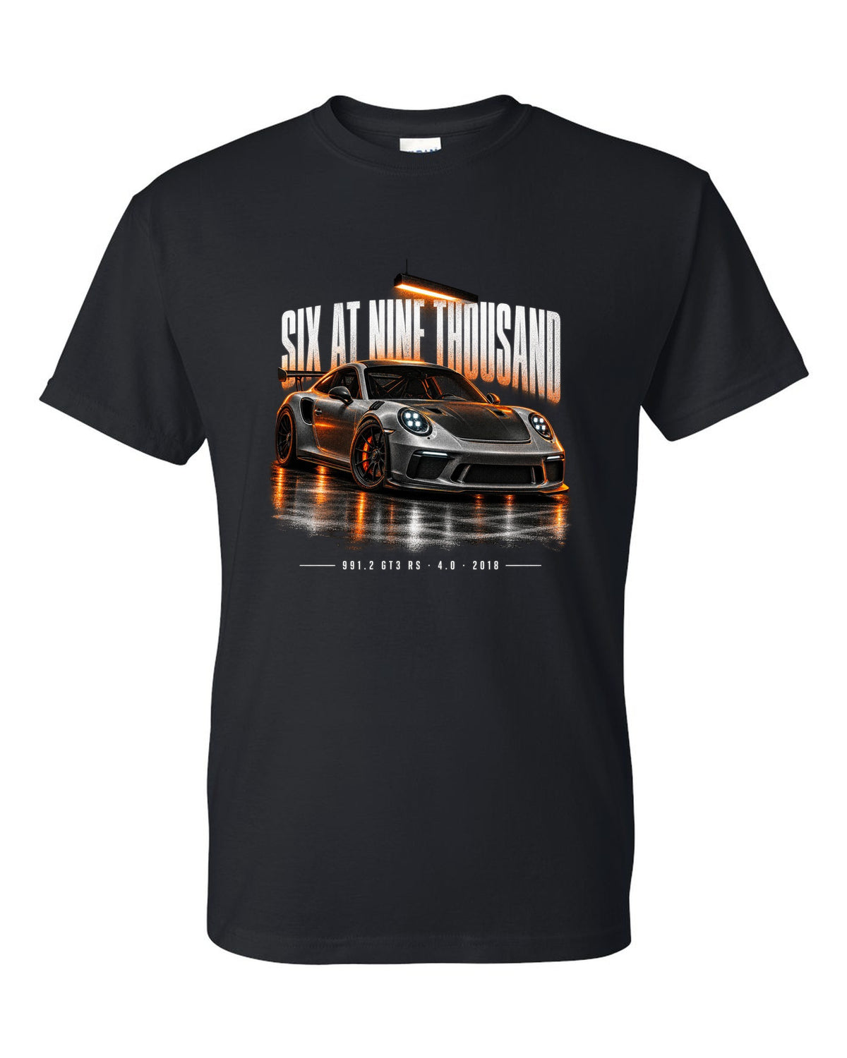 Garage night poster print of a 2018 Porsche 911 GT3 RS 991.2 black t-shirt front view with the design