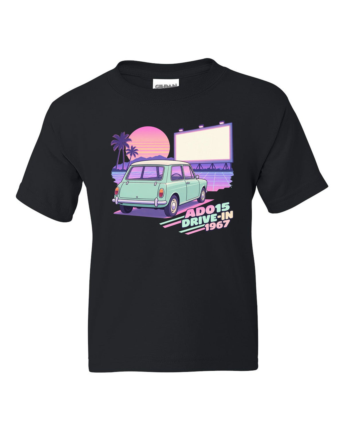 Pastel vaporwave drive-in scene with a 1967 classic Mini Cooper ADO15 black kids tee front view with the design