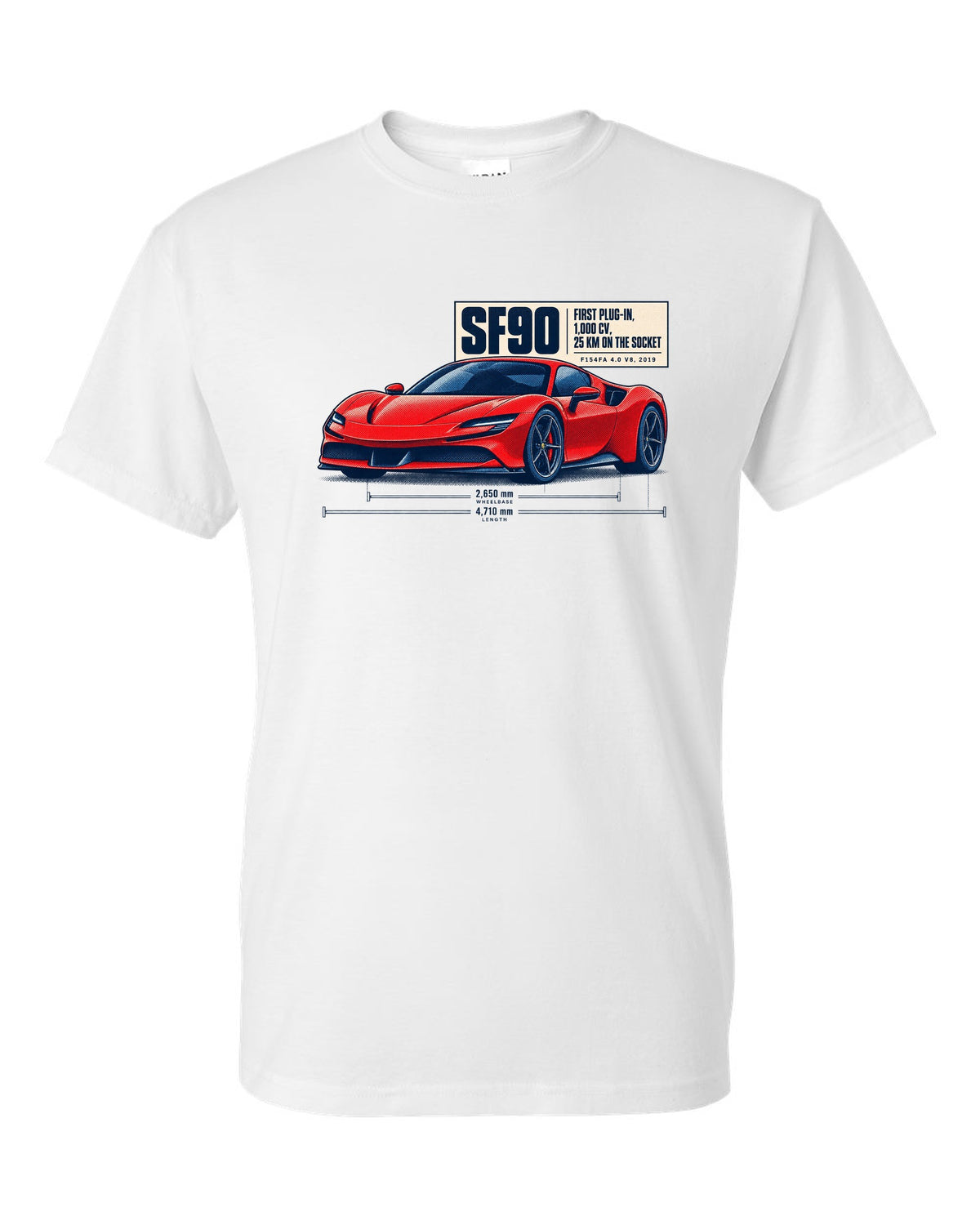 Ferrari SF90 Stradale halftone print with first plug-in, 1,000 CV text white t-shirt front view with the design