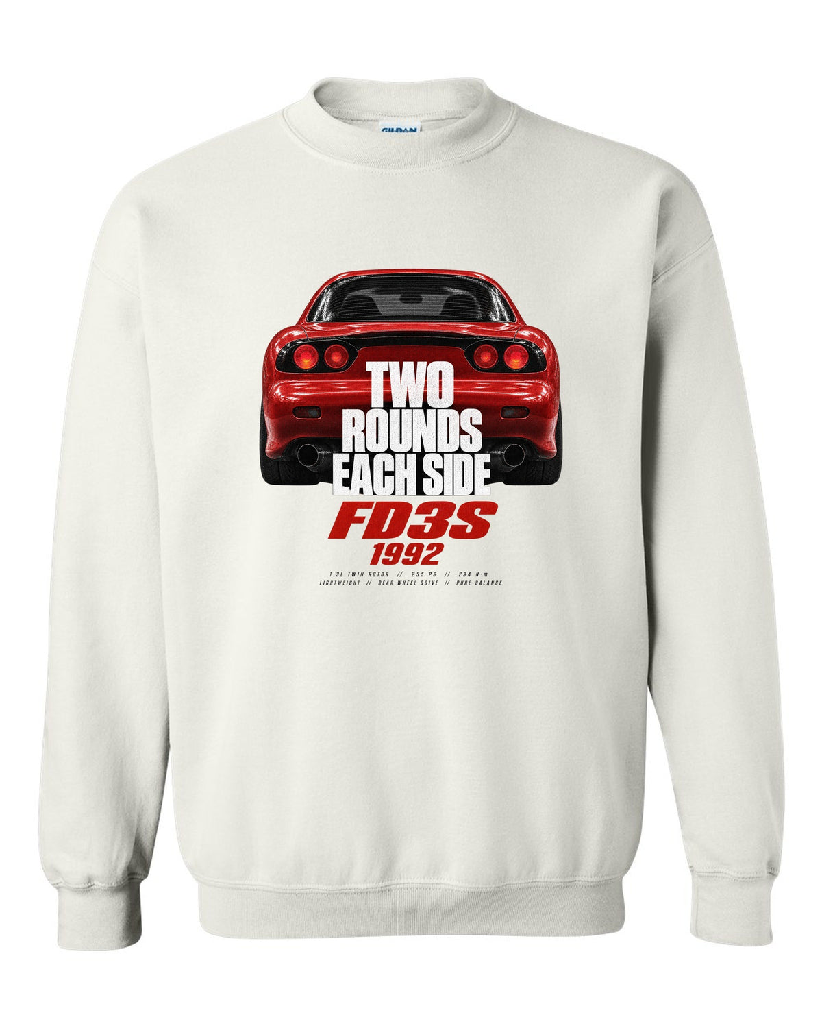 Taillight macro print of a Mazda RX-7 FD3S with round lamps white crewneck front view with the design