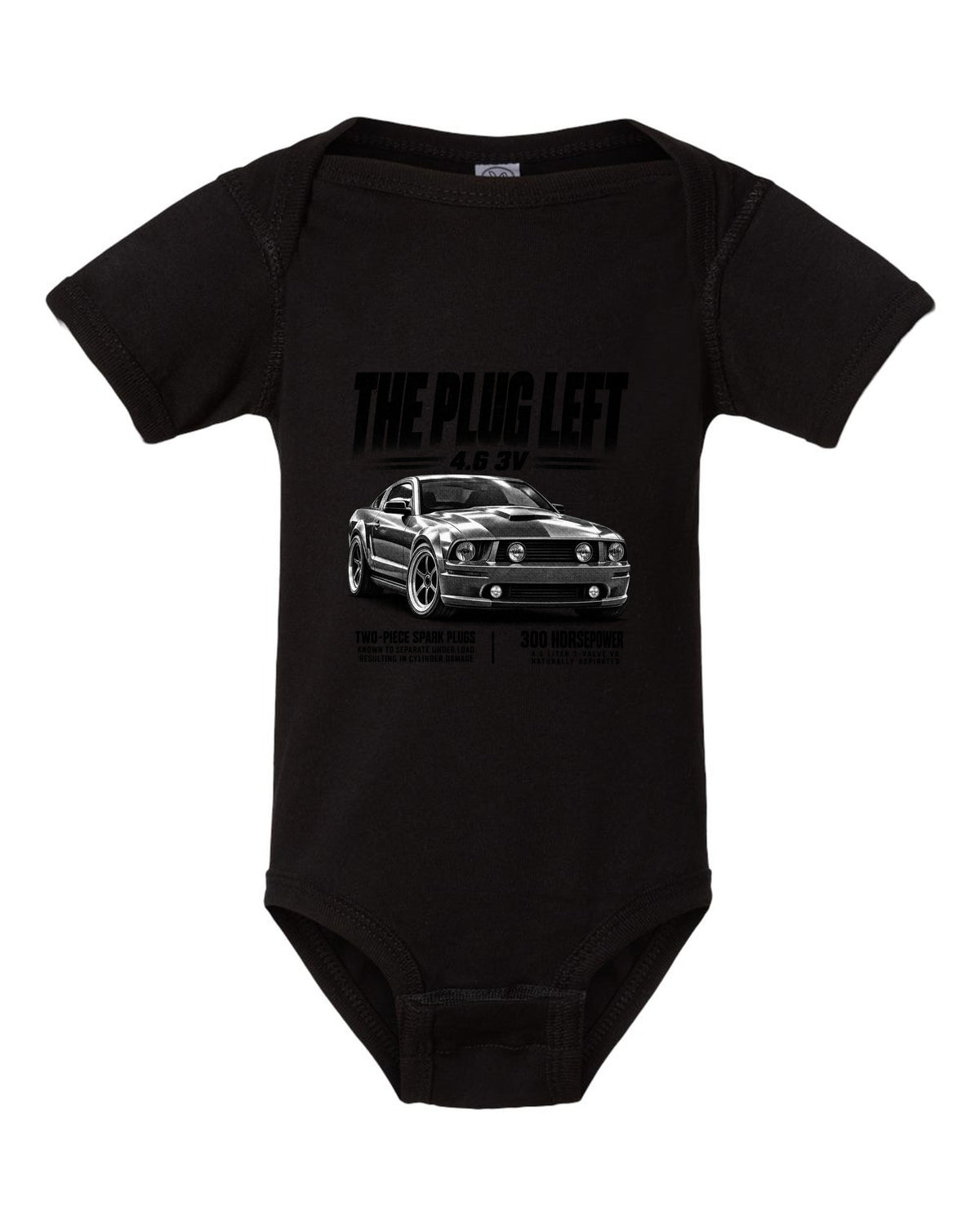 Halftone print of a 2005-09 Ford Mustang S197 GT with 4.6 3V text black baby onesie front view with the design