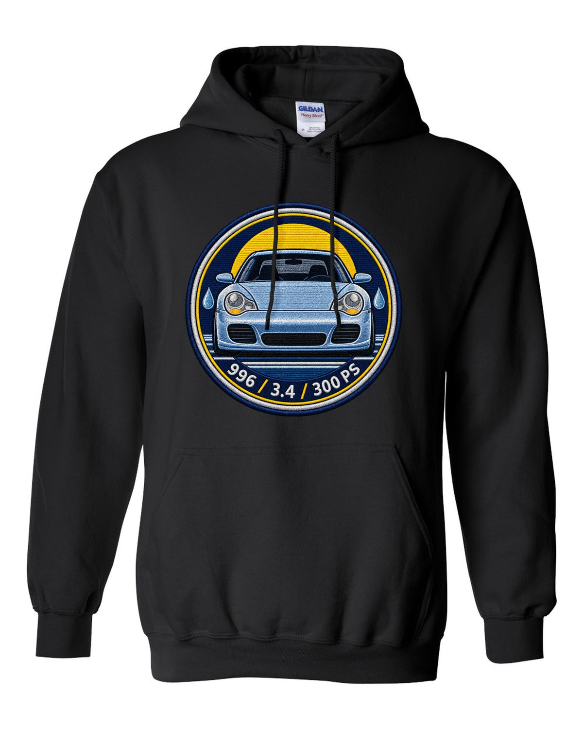Round crest print of a 2004 Porsche 911 Carrera 997 with the text 997, 3.6 and 325 PS black pull over hoodie front view with the design