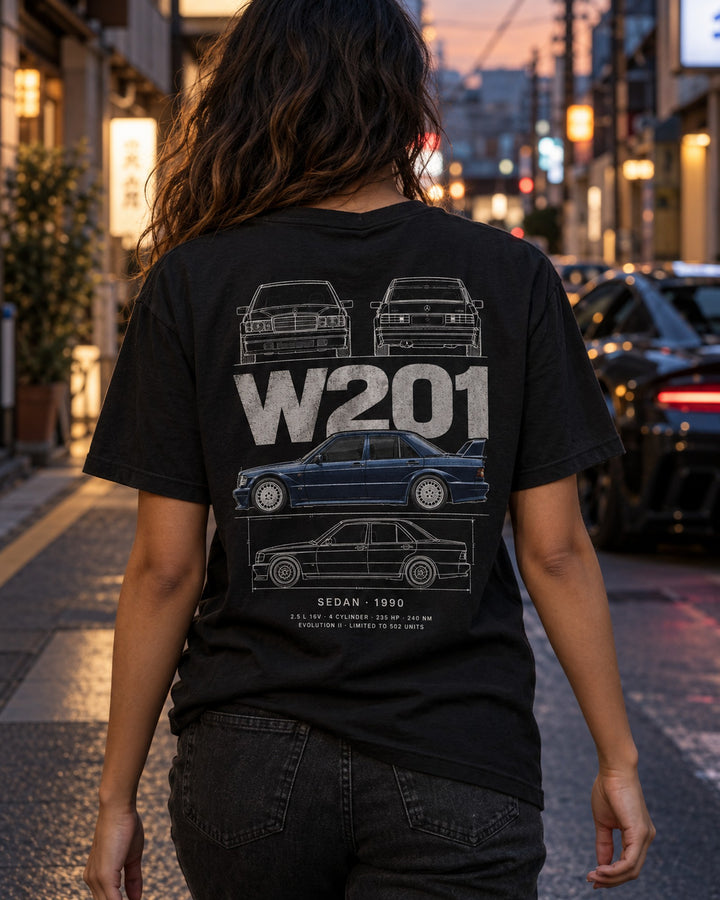 Mercedes 190E 2.5-16 Evolution II sedan Blueprint Full-Back Graphic Tee, W201 Chassis Code T-Shirt Black worn hero