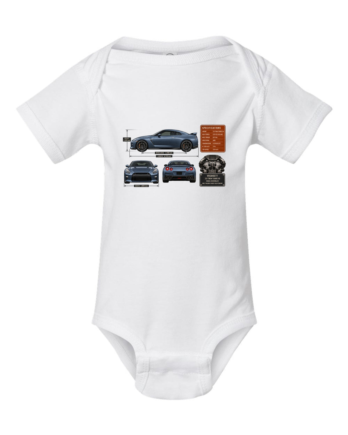 print dimension blueprint of a Nissan GT-R R35 in steel blue white baby onesie front view with the design