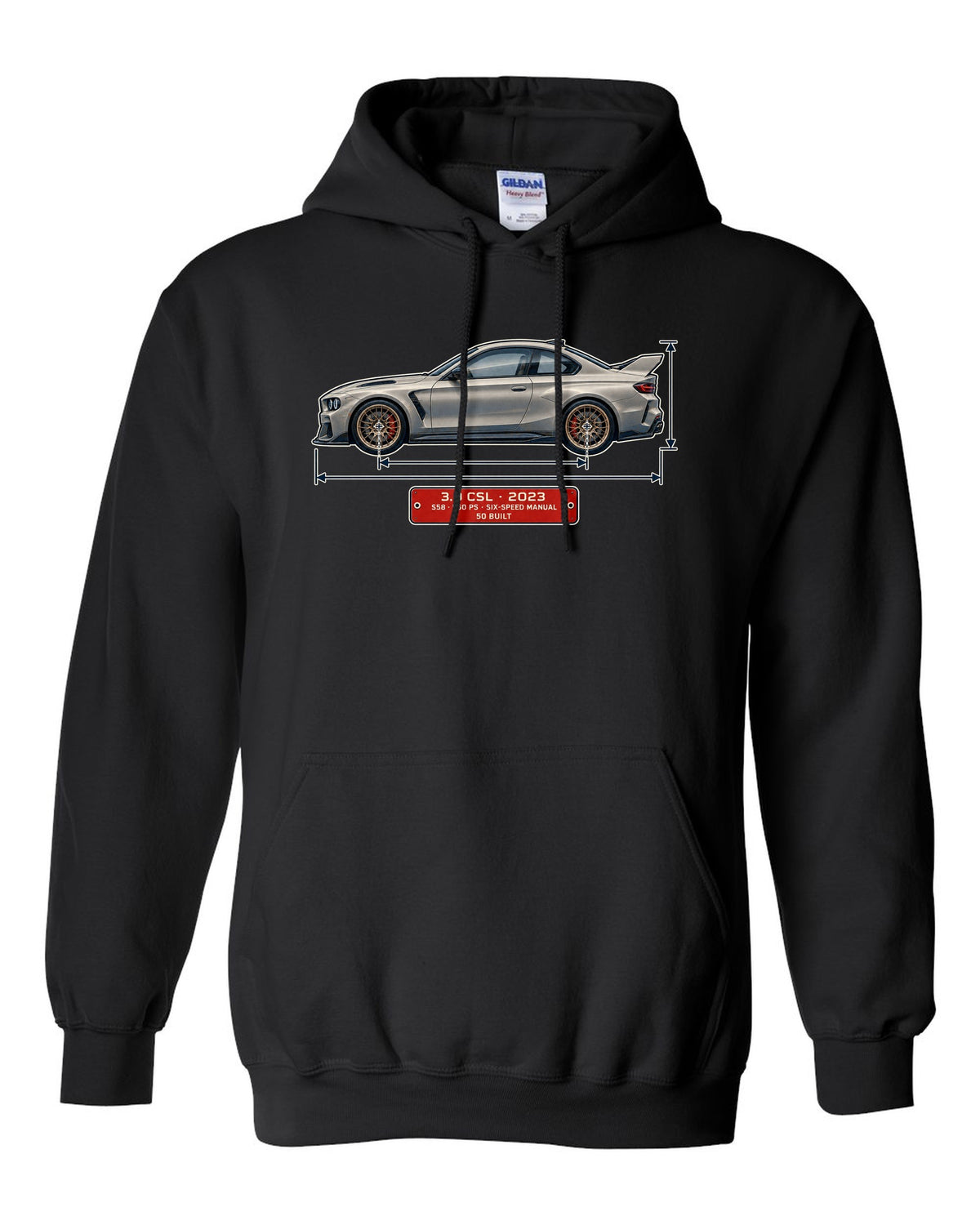 BMW 3.0 CSL 2023 dimension blueprint print black pull over hoodie front view with the design