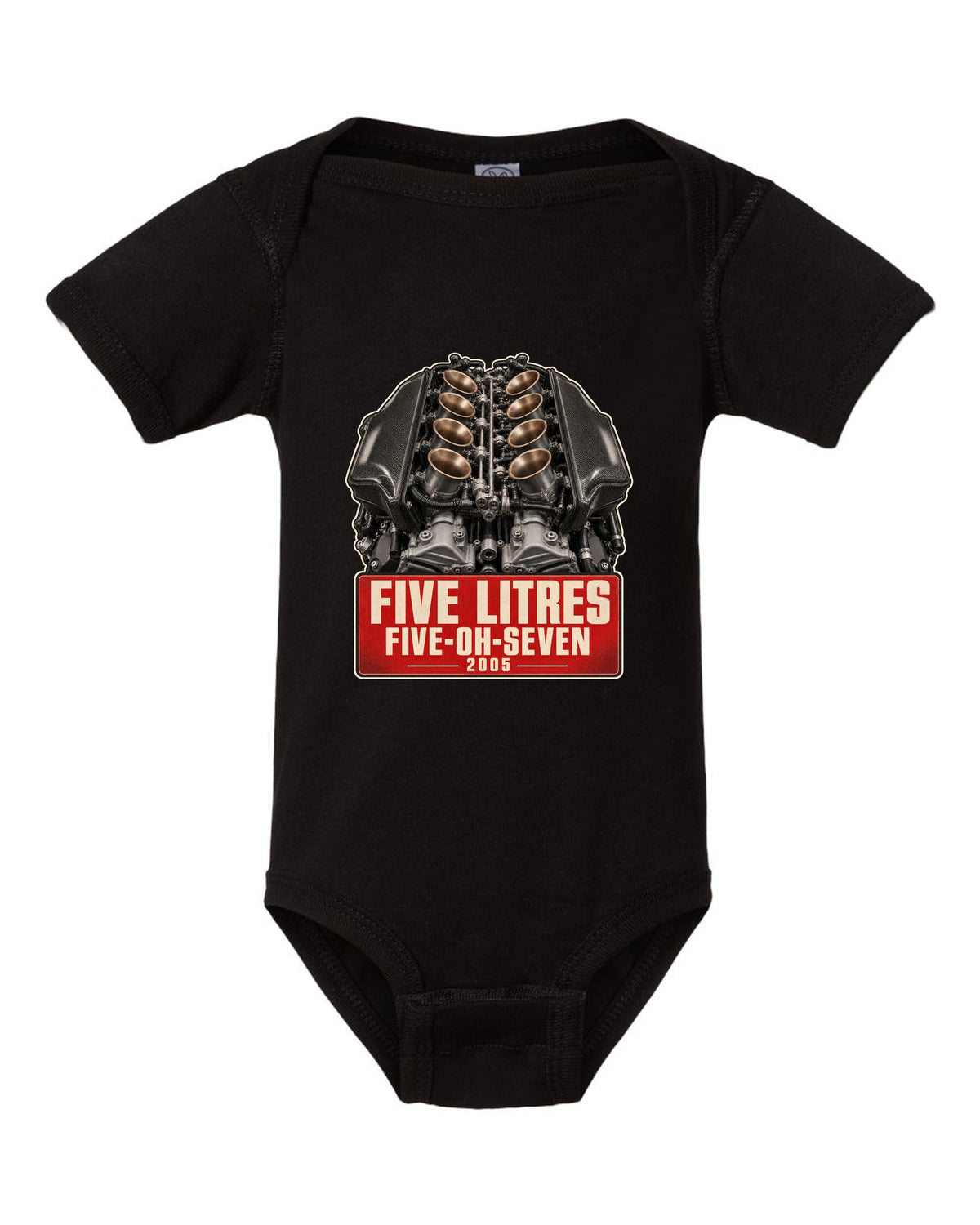 BMW M5 E60 S85 V10 engine poster-style print black baby onesie front view with the design