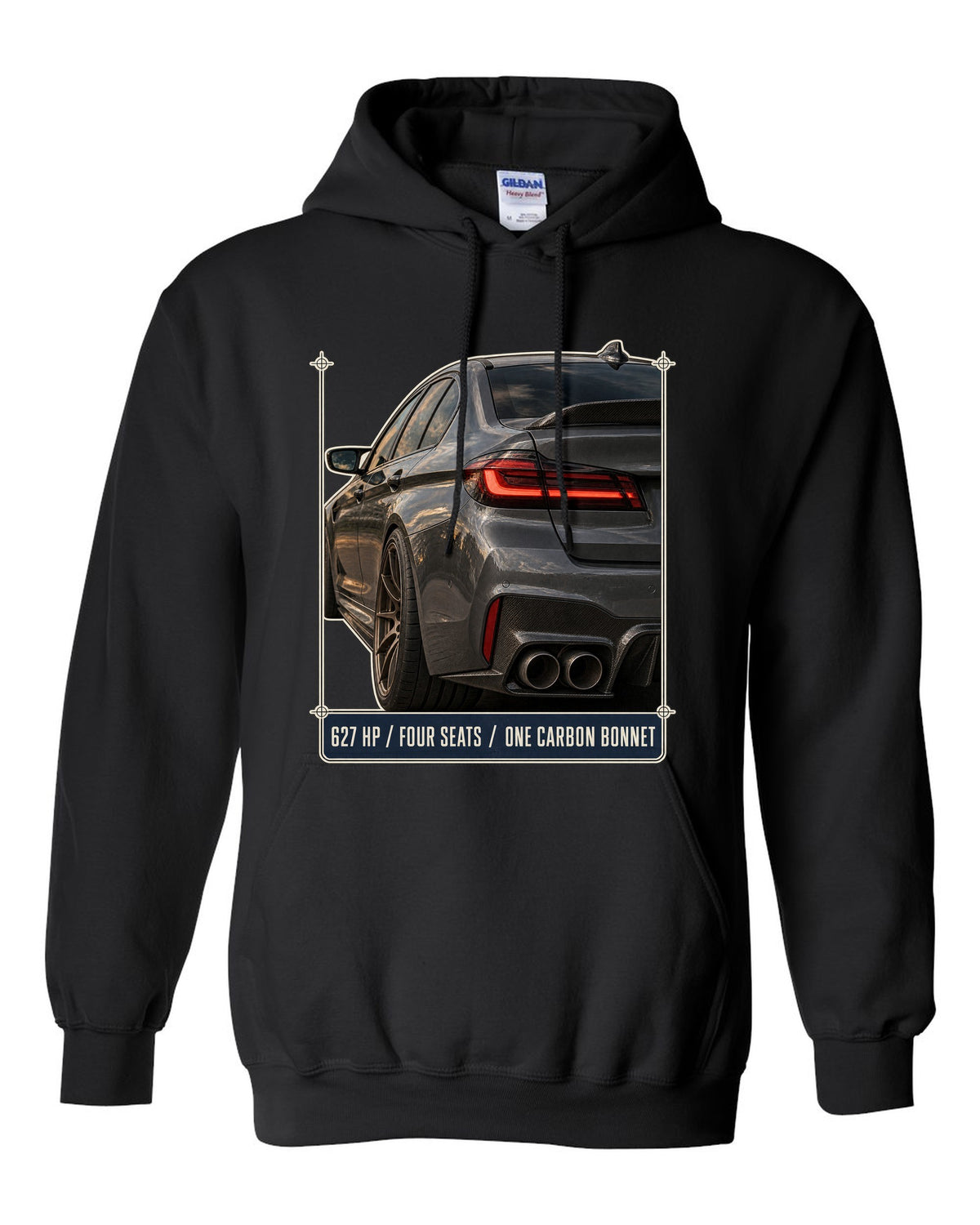 BMW M5 F90 CS taillight macro print with 627 HP, four seats and carbon bonnet text black pull over hoodie front view with the design