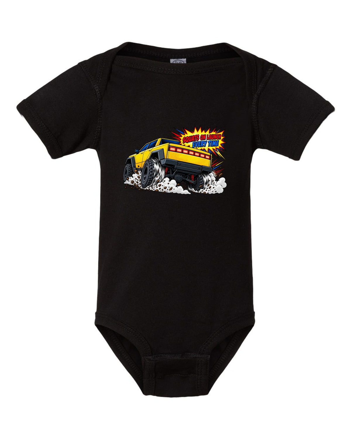 GMC Hummer EV comic halftone print with the words Squats On Launch Every Time black baby onesie front view with the design