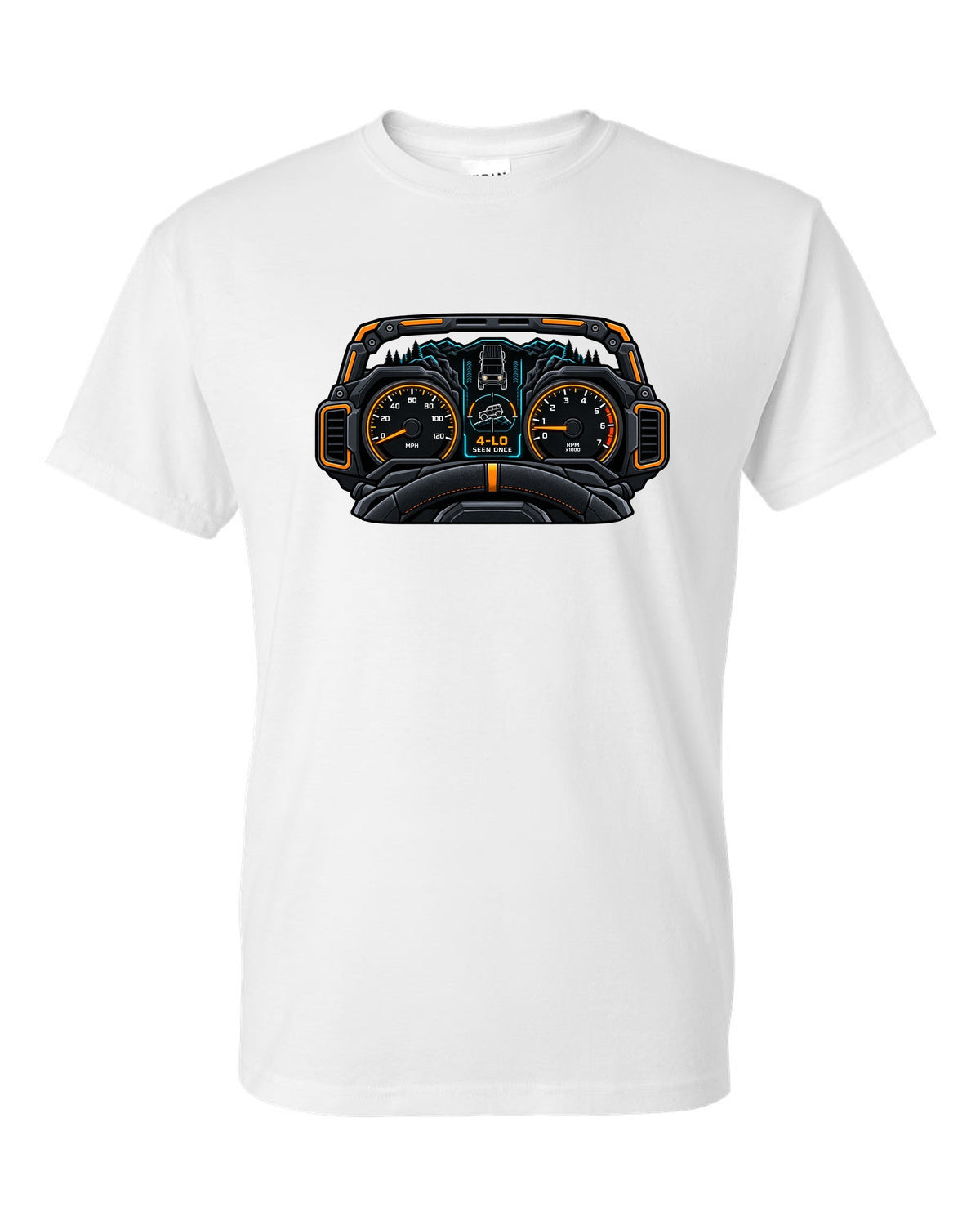 Ford Bronco 6G U725 gauge cluster HUD print white t-shirt front view with the design