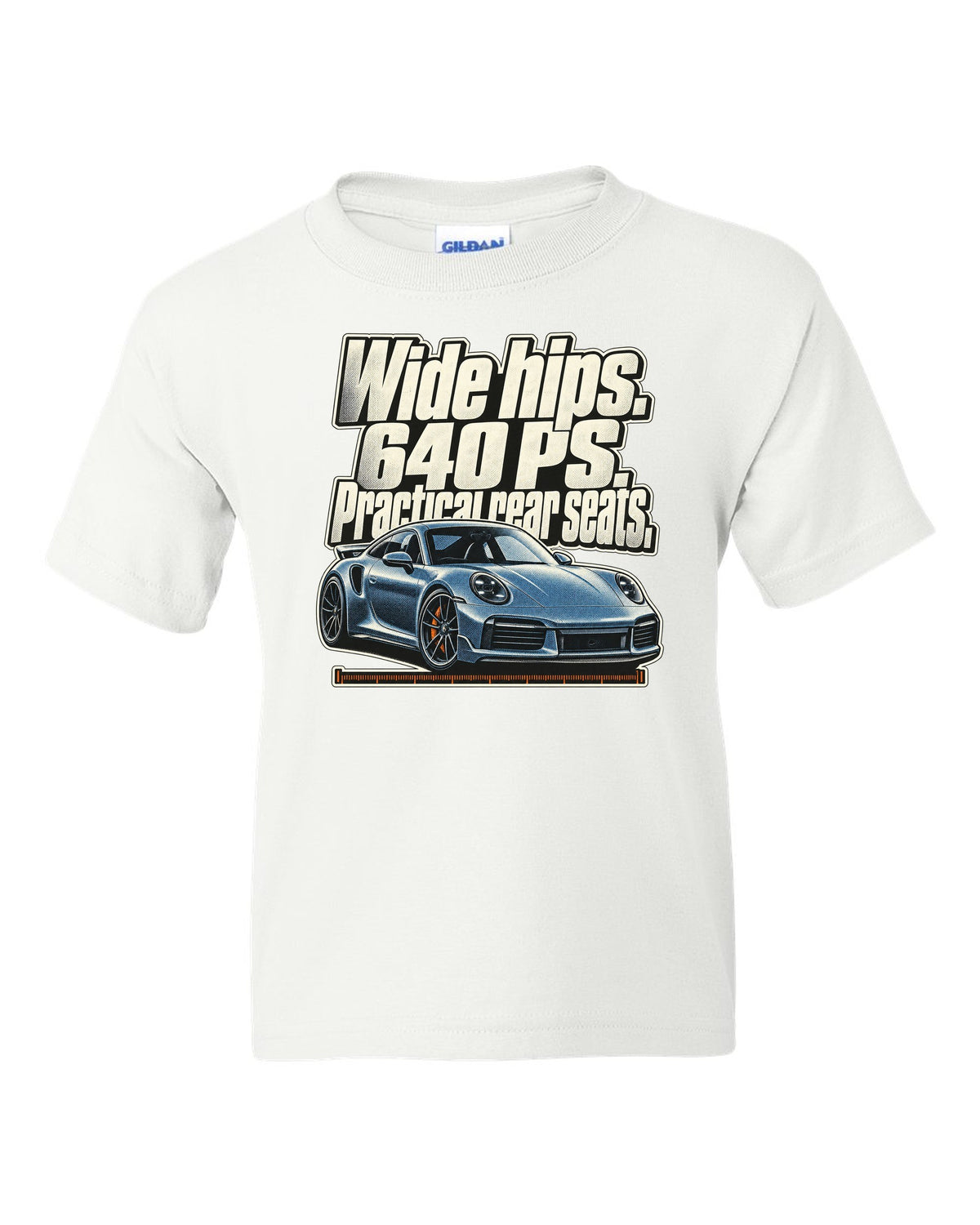 Halftone print of a Porsche 911 Turbo S 992 coupe with a three-line statement white kids tee front view with the design