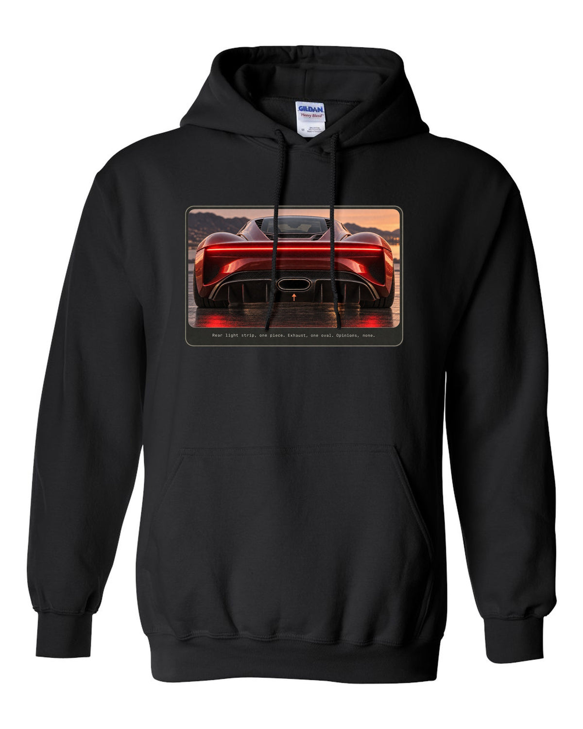 Bugatti Chiron rear light strip and oval exhaust macro print black pull over hoodie front view with the design