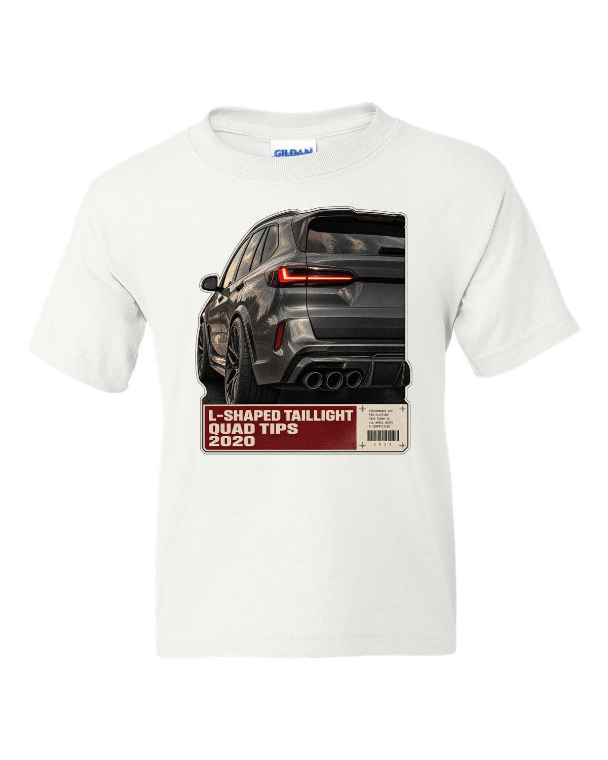 Macro print of the L-shaped taillight and quad tips on a BMW X5 M Competition F95 white kids tee front view with the design