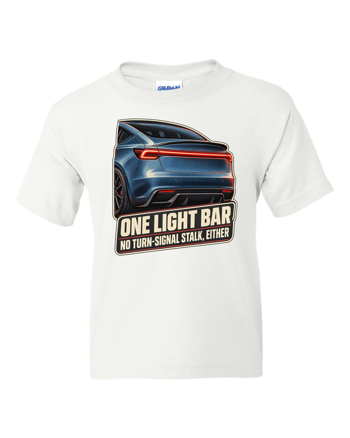 Rear taillight macro print of a Tesla Model 3 Performance Highland with a light bar white kids tee front view with the design