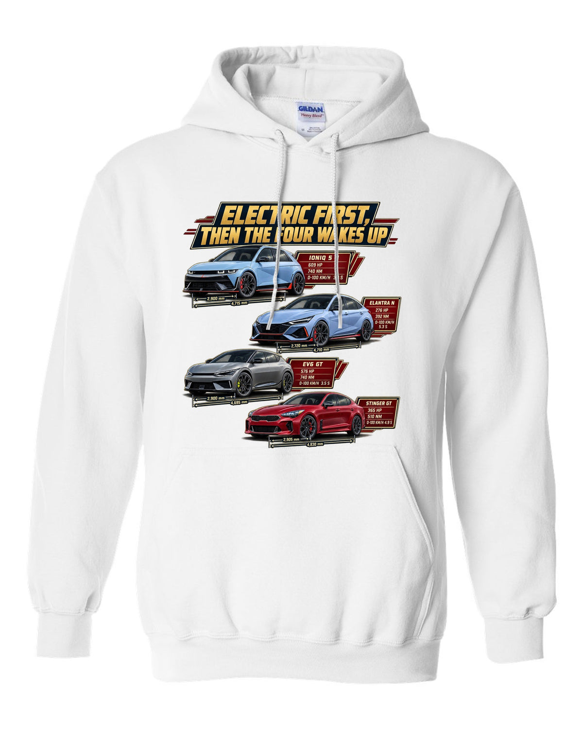 Polestar 1 spec poster print on a shirt white pull over hoodie front view with the design