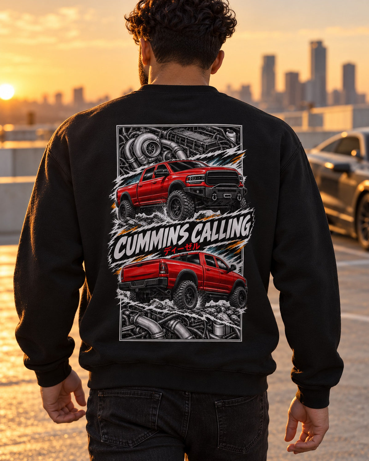 RAM Cummins Torn Poster Full-Back Graphic Tee Crewneck Black worn hero