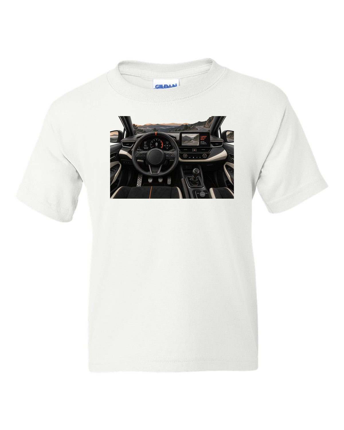 Toyota GR Corolla Morizo Edition at night on a touge-style road with spec text white kids tee front view with the design