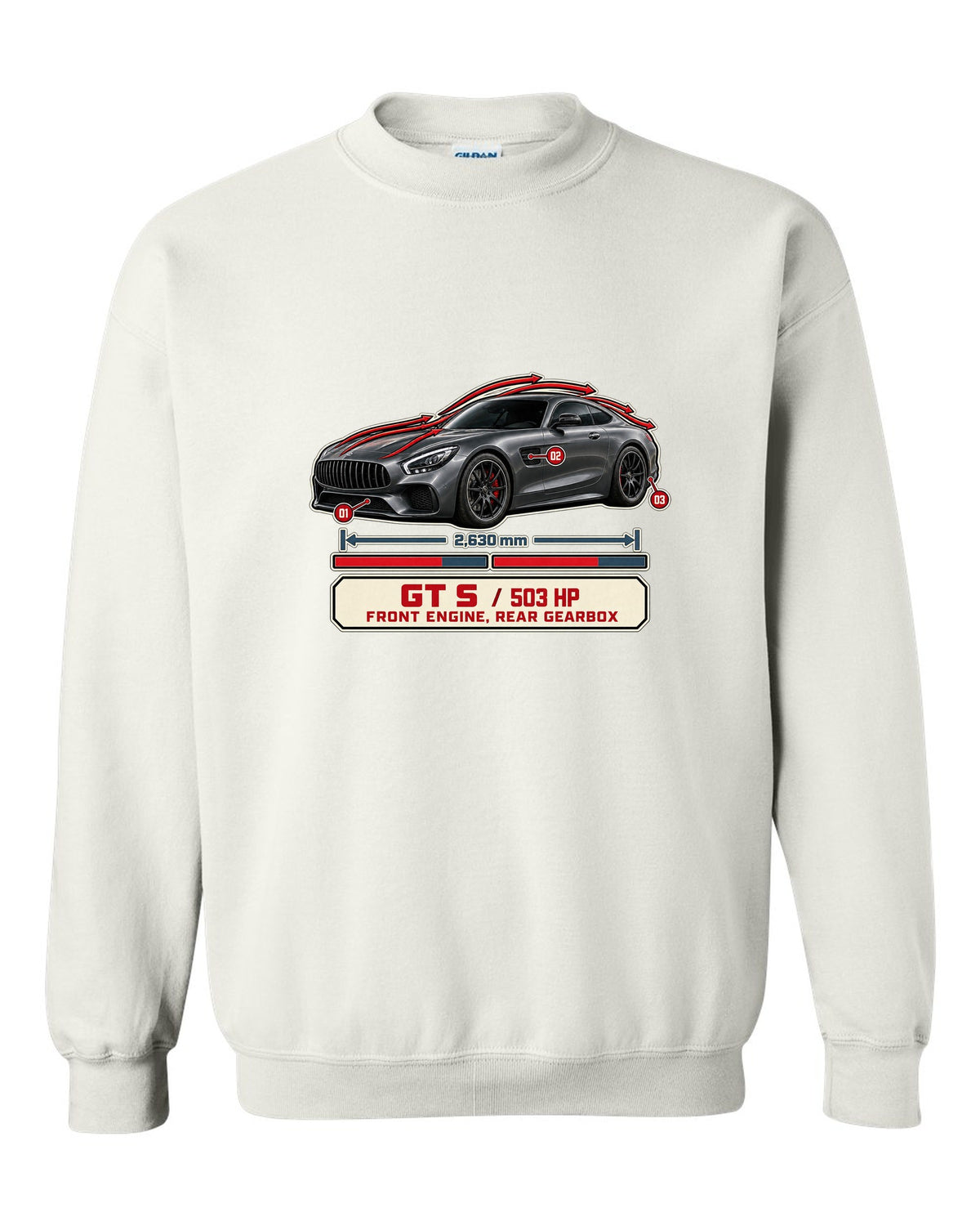 Mercedes-AMG GT S C190 aero cutaway callouts print white crewneck front view with the design