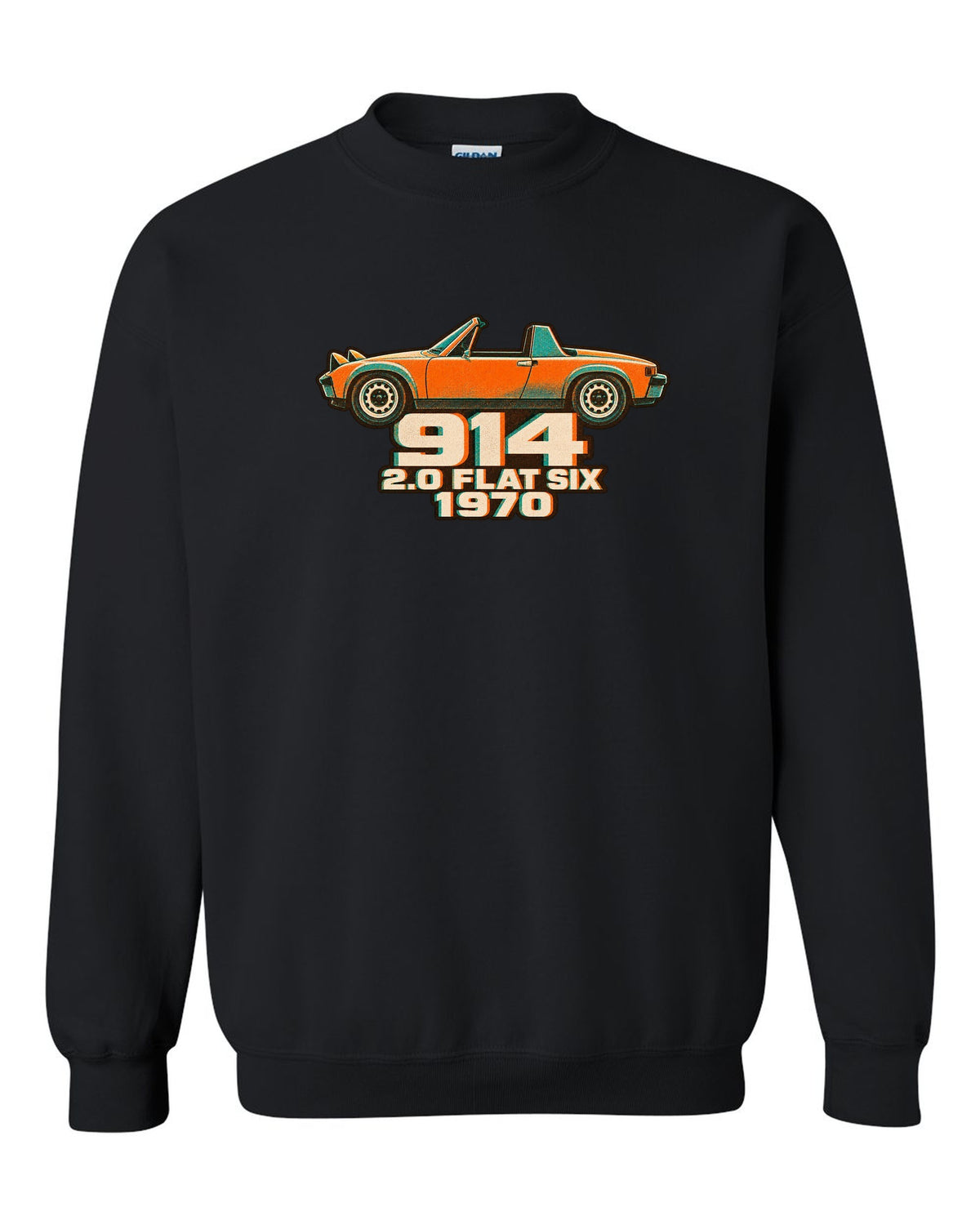 Porsche 914/6 risograph two-colour design with 2.0 flat six lettering black crewneck front view with the design