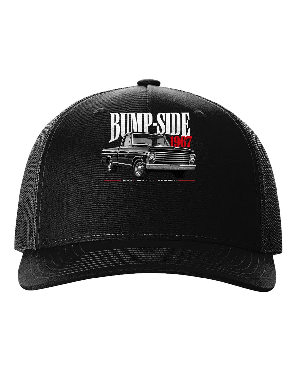 Ford F-Series Bump-Side 1967 360 FE V8 Editorial Graphic Tee black hat front view with the design