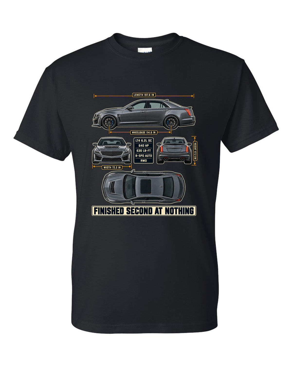 Dimension blueprint print of a 2016-19 Cadillac CTS-V sedan black t-shirt front view with the design