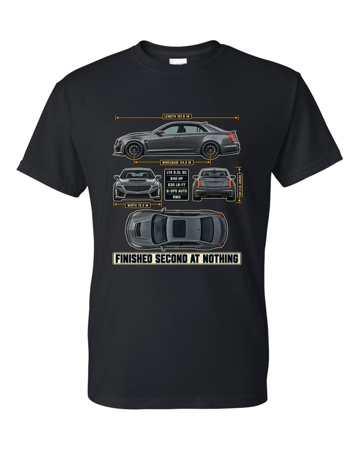 Dimension blueprint print of a 2016-19 Cadillac CTS-V sedan black t-shirt front view with the design