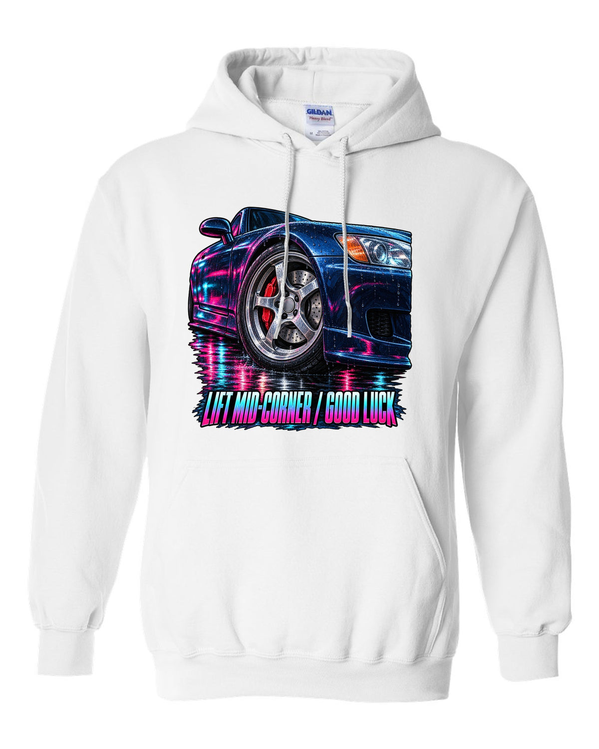 Cinematic macro painting print of a Honda S2000 AP1 cornering with lift mid-corner good luck text white pull over hoodie front view with the design