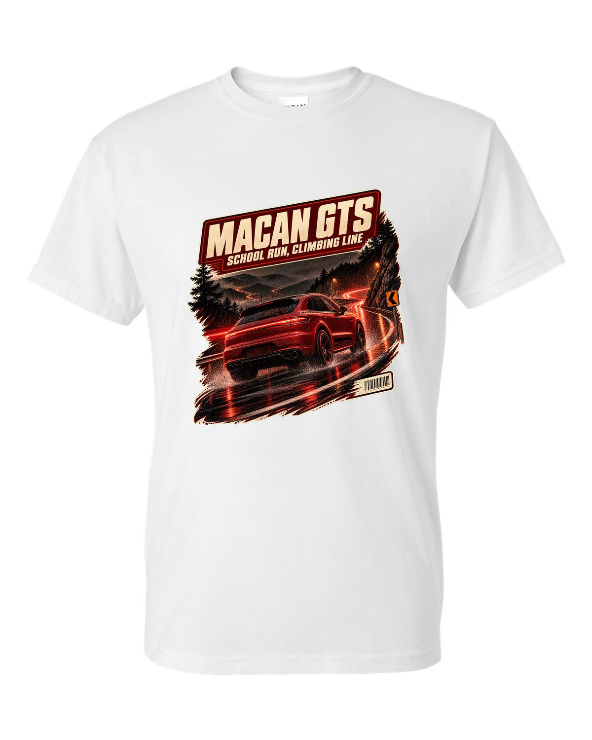 Wet mountain road print of a low front three-quarter Porsche Macan GTS 95B white t-shirt front view with the design