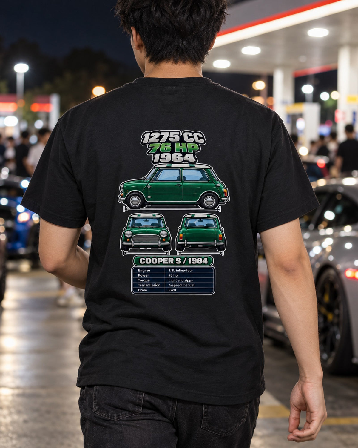 Classic Mini Cooper S Spec Sheet Full-Back Graphic Tee T-Shirt Black worn hero