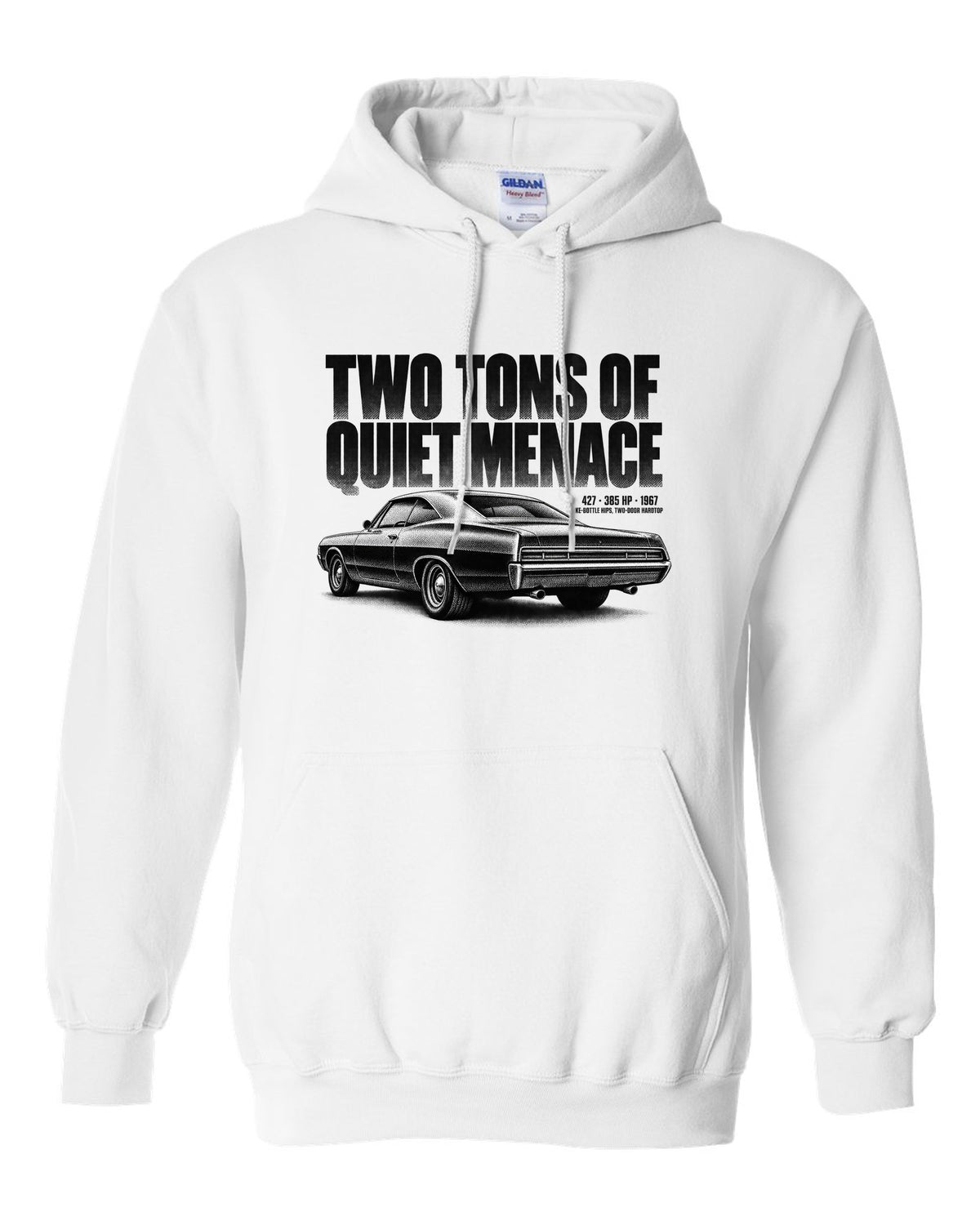 1967 Impala SS 427 two-door hardtop halftone print with 385 HP text white pull over hoodie front view with the design