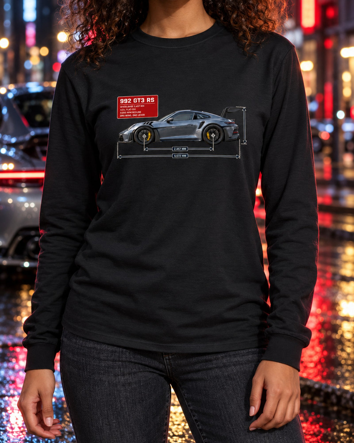 Porsche 992 GT3 RS Dimension Blueprint Shirt, Car Guy Gift Long Sleeve Black worn hero