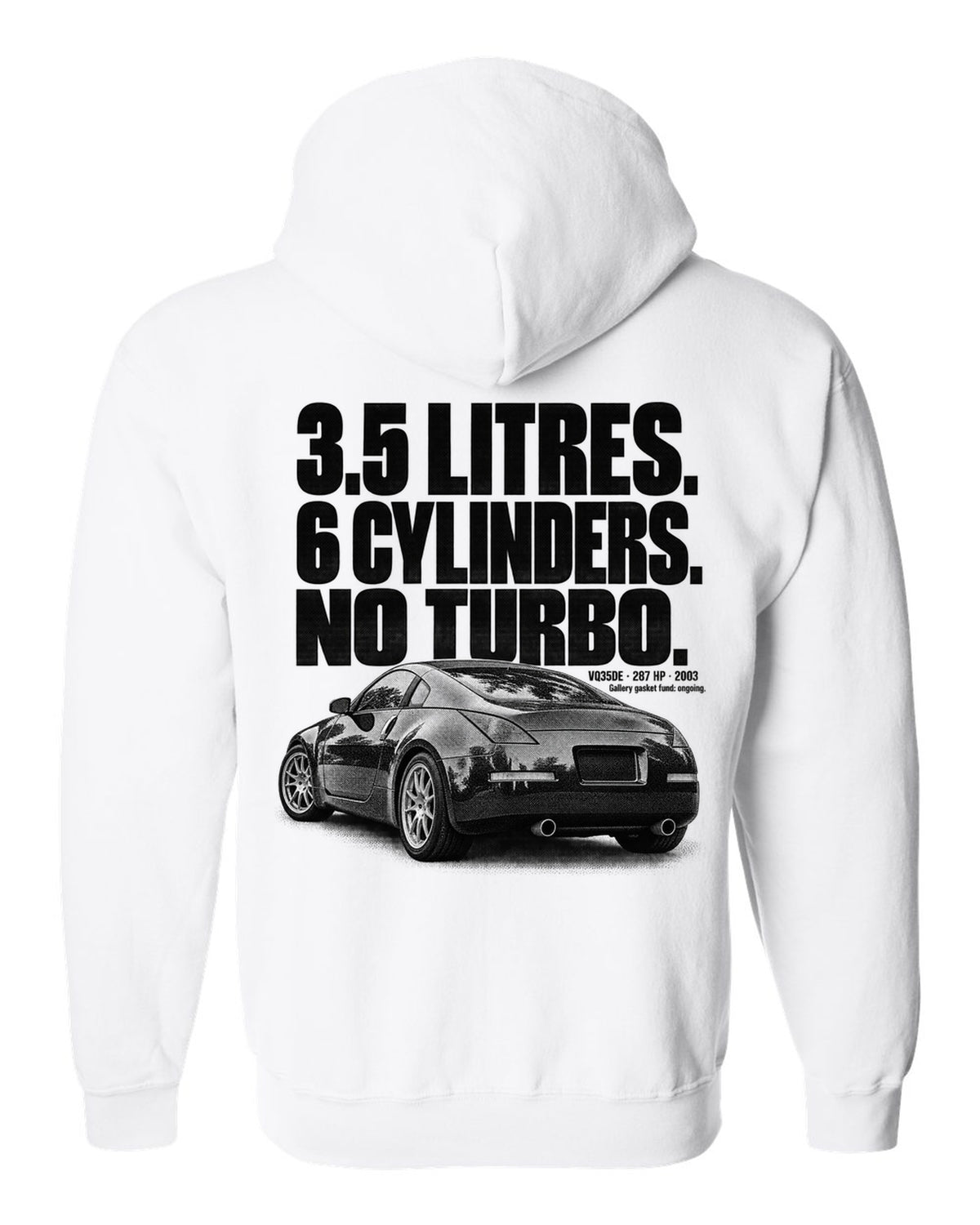 Halftone print of a Nissan 350Z Z33 rear three-quarter with VQ35DE 287 HP text white zip hoodie back view with the design