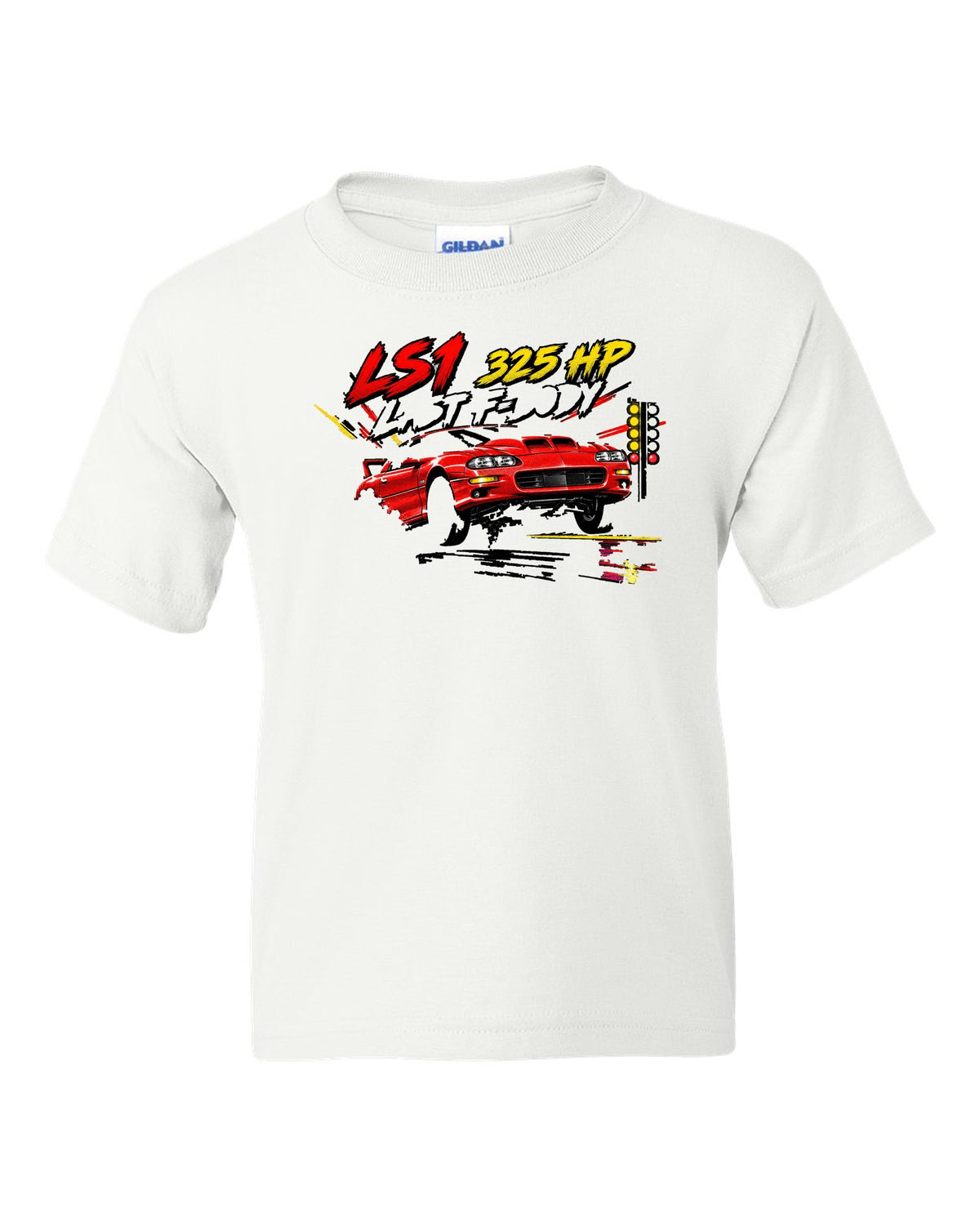 2002 Chevrolet Camaro SS LS1 retro manga halftone panel print white kids tee front view with the design