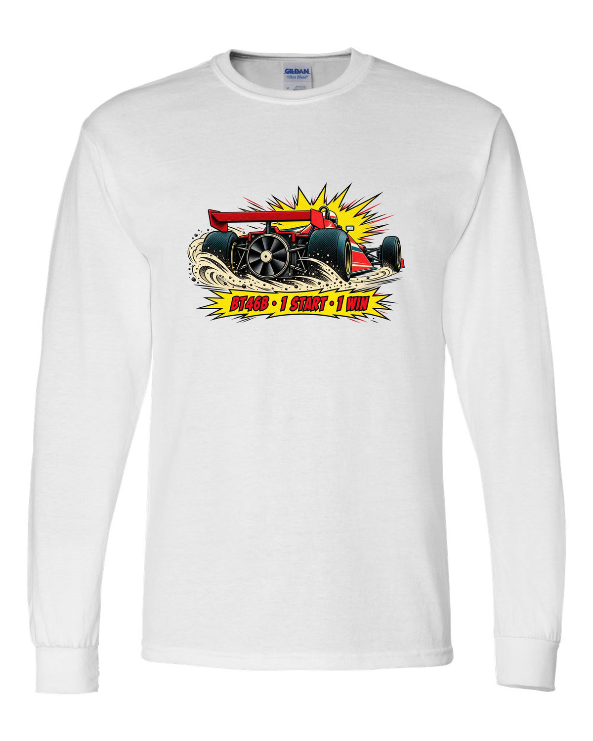 Comic halftone pop-art of the Brabham BT46B fan car with 1 start, 1 win text white long sleeve front view with the design