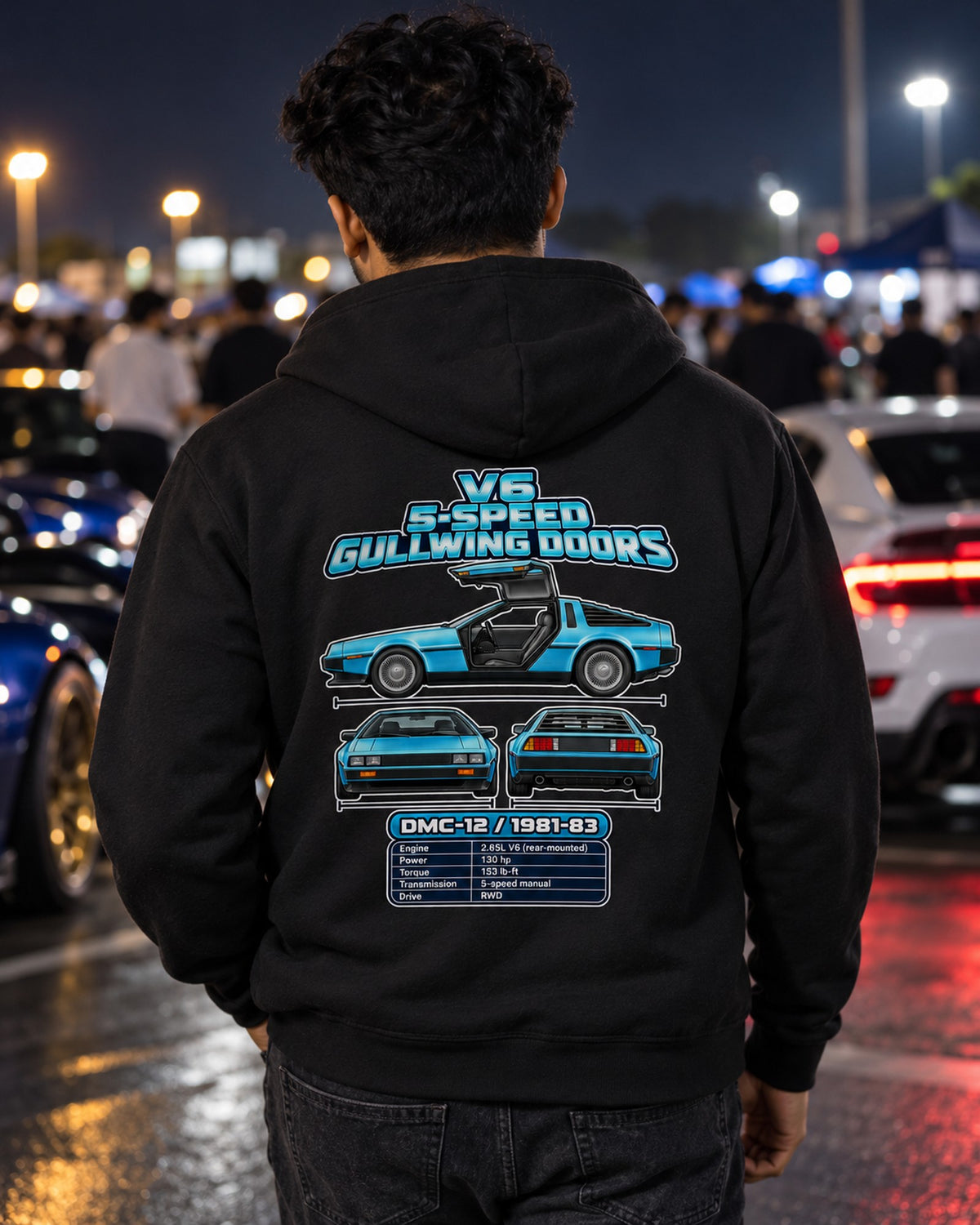 DeLorean DMC 12 Spec Sheet Full-Back Graphic Tee Zip Hoodie Black worn hero