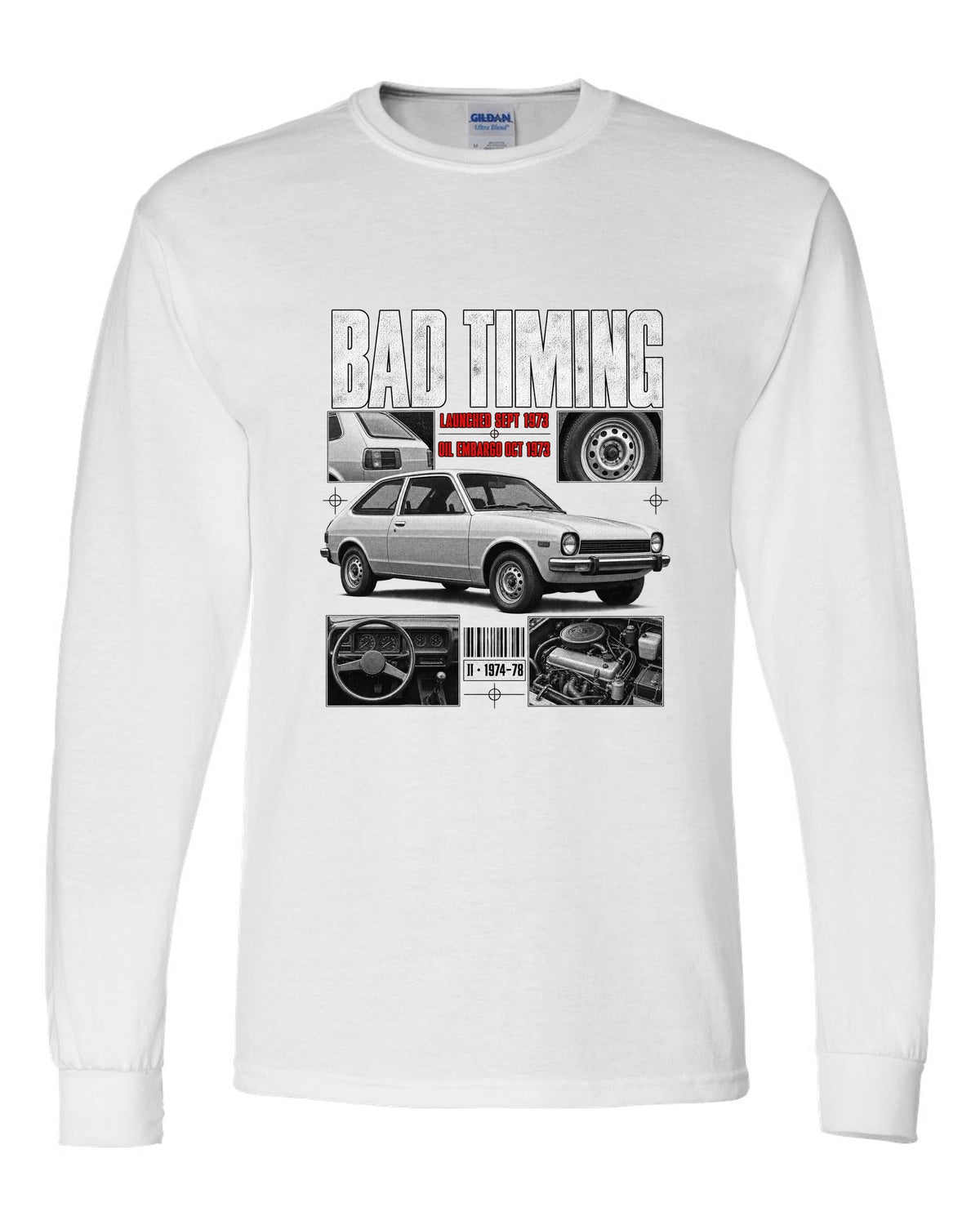 Dossier panel illustration of a 1974 Ford Mustang II chback with bad timing lettering white long sleeve front view with the design