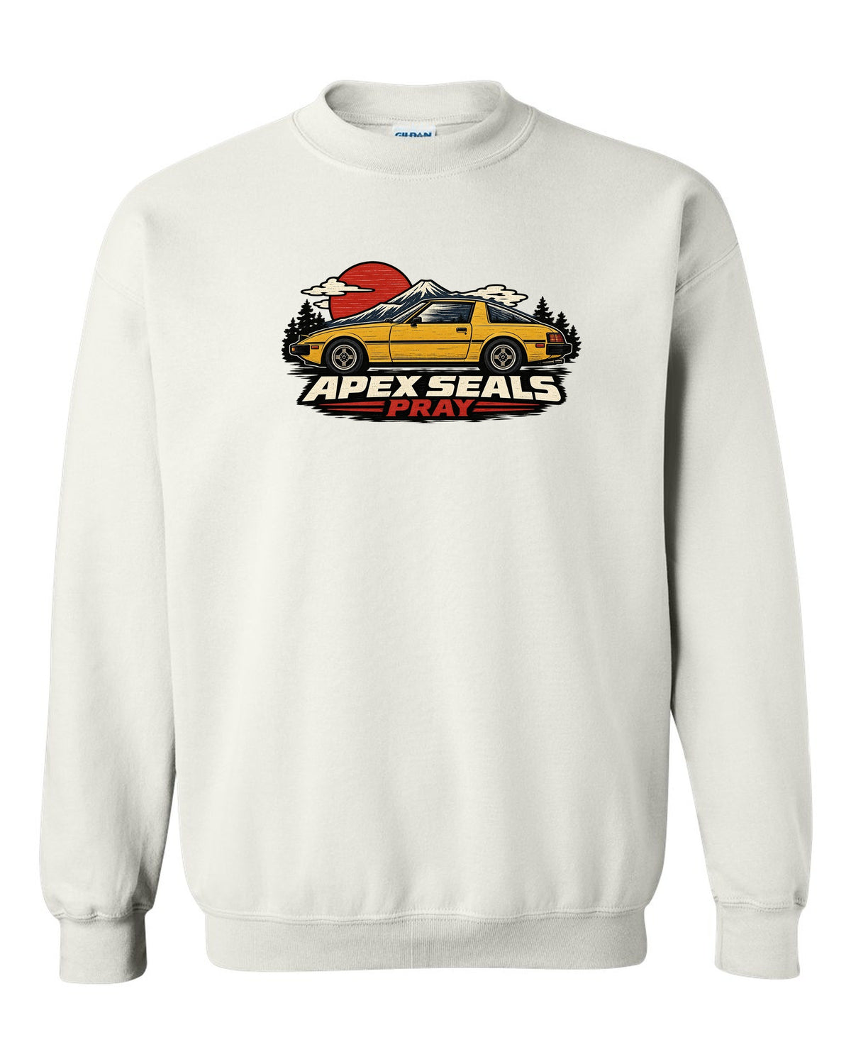Mazda RX-7 SA22C Linocut Side Profile white crewneck front view with the design