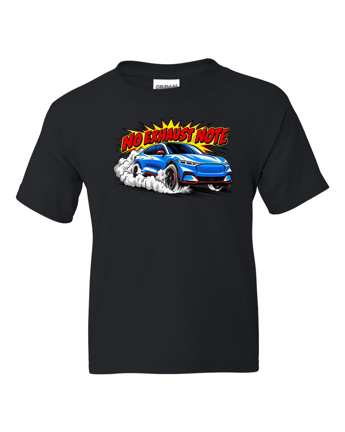 Comic halftone pop-art print of a 2020 Mustang Mach-E CX727 burnout reading No Exhaust Note black kids tee front view with the design