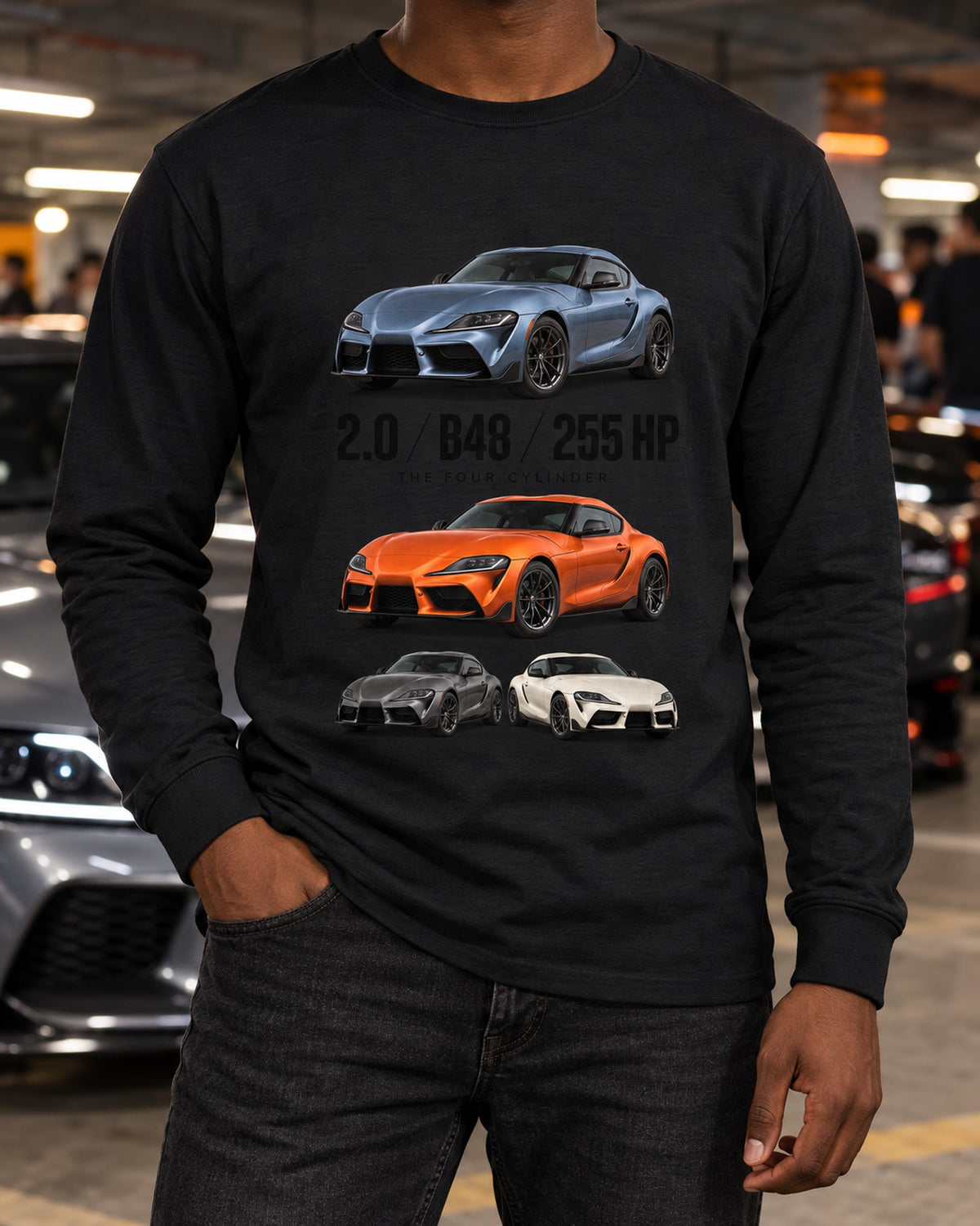 Toyota GR Supra 2.0 B48 Spec Poster Shirt, Four-Cylinder Long Sleeve Black worn hero